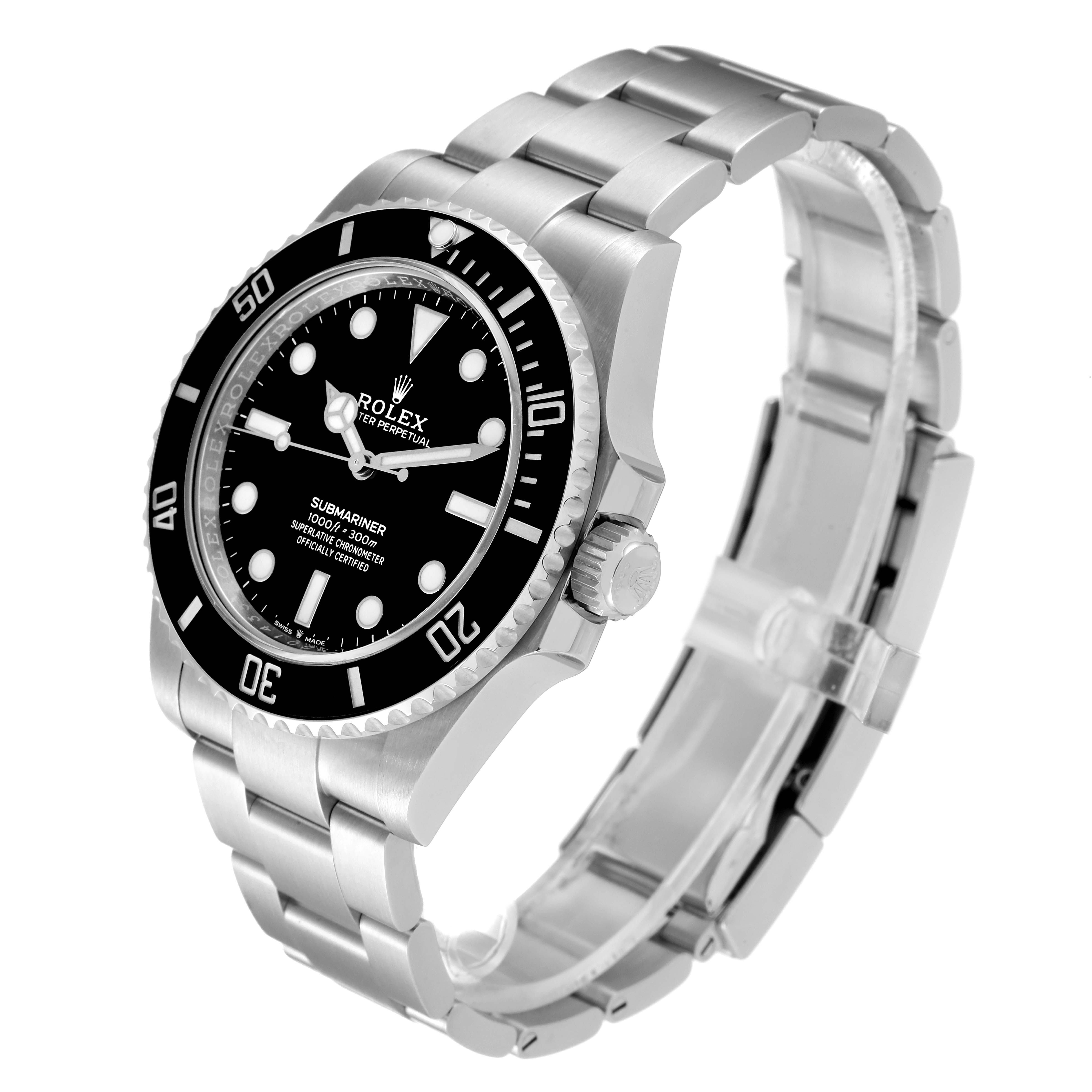 The image shows a Rolex Submariner 124060 Men
s Stainless Steel Black Dial 124060 Men
s Stainless Steel Black Dial watch at a three-quarter angle, highlighting the face, bezel, crown, and bracelet.