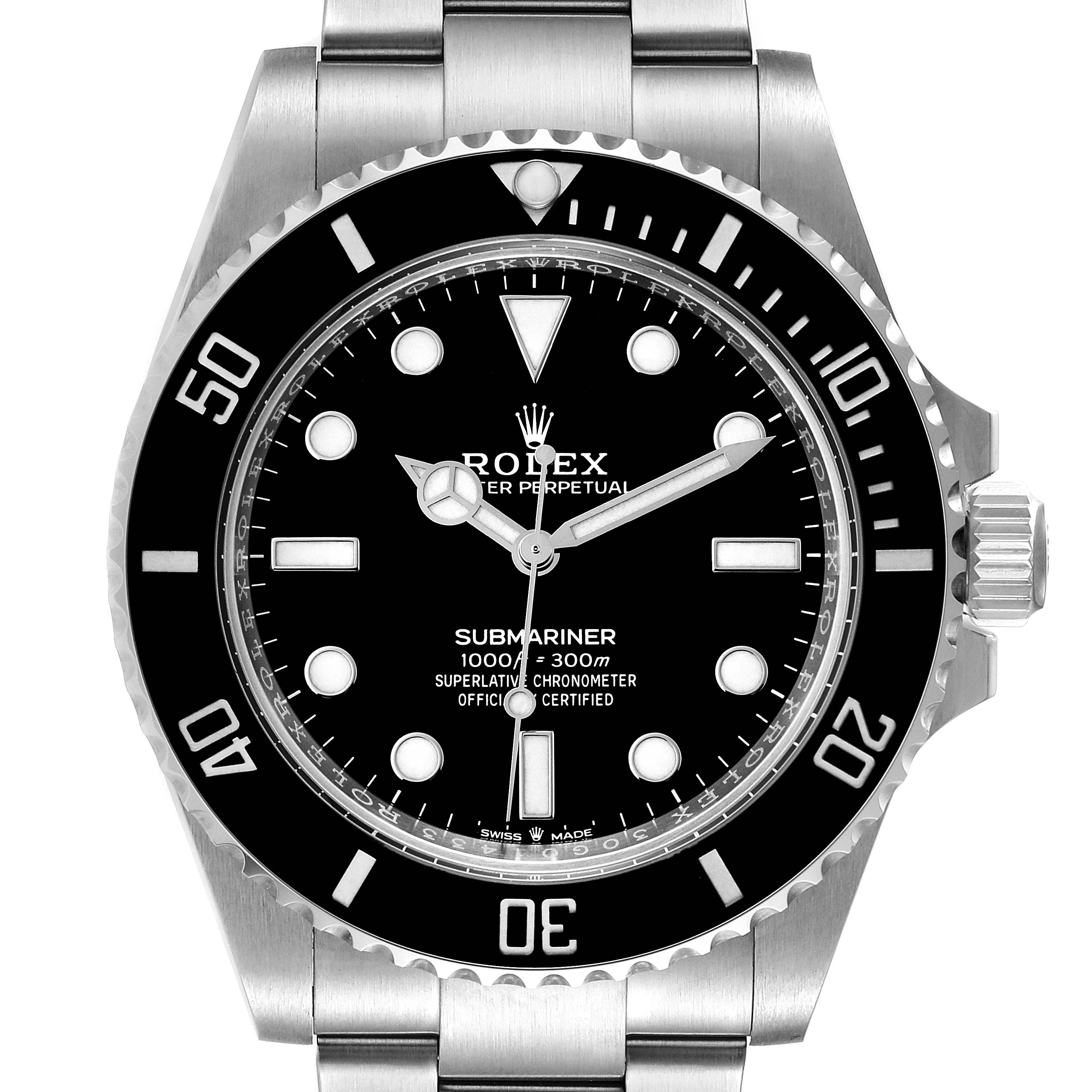 This image shows a front view of the Rolex Submariner 124060 Men
s Stainless Steel Black Dial 124060 Men
s Stainless Steel Black Dial watch, including the face, bezel, and part of the bracelet.