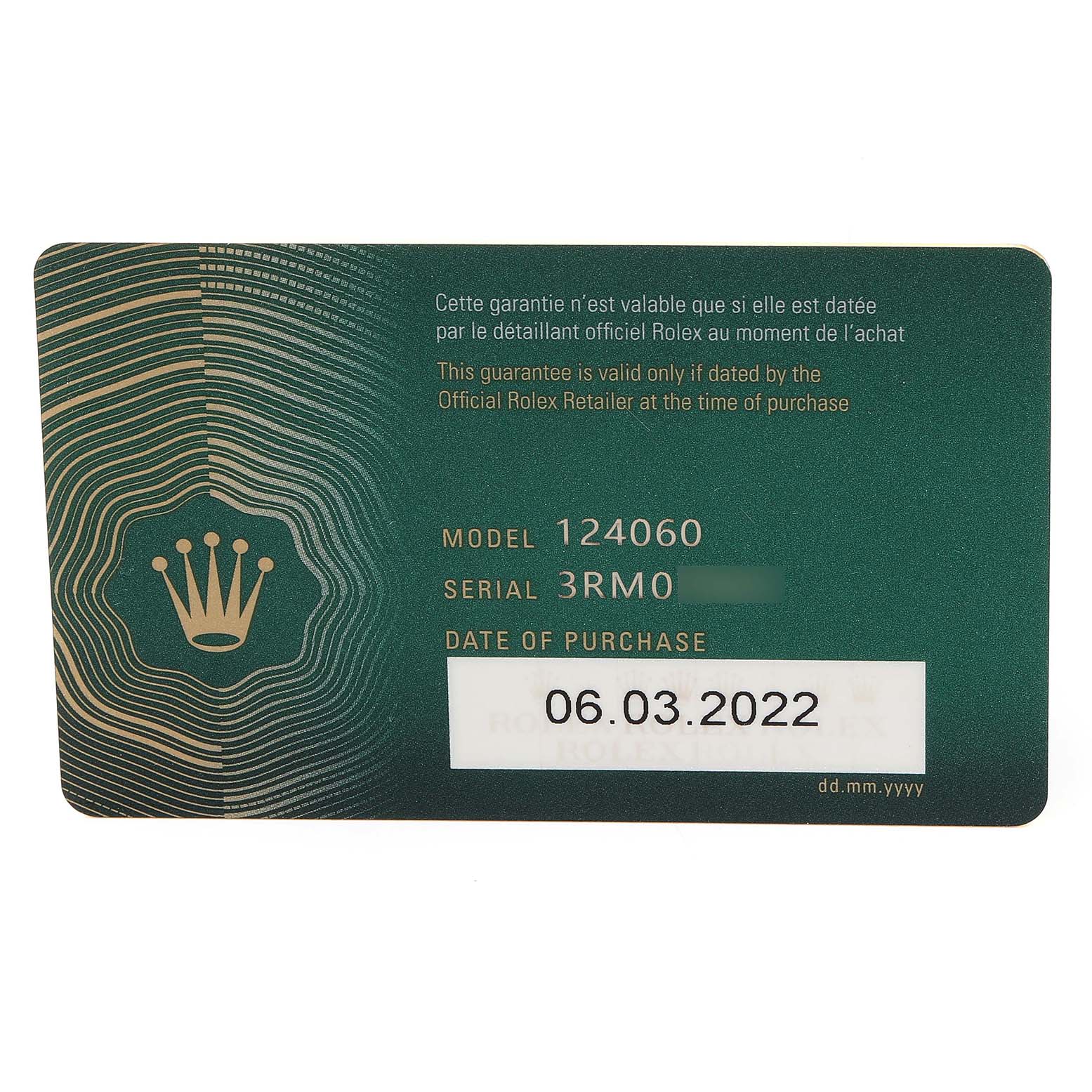 This image shows the guarantee card for a Rolex Submariner 124060 Men
s Stainless Steel Black Dial 124060 Men
s Stainless Steel Black Dial, model 124060, including the model number, serial number, and date of purchase.