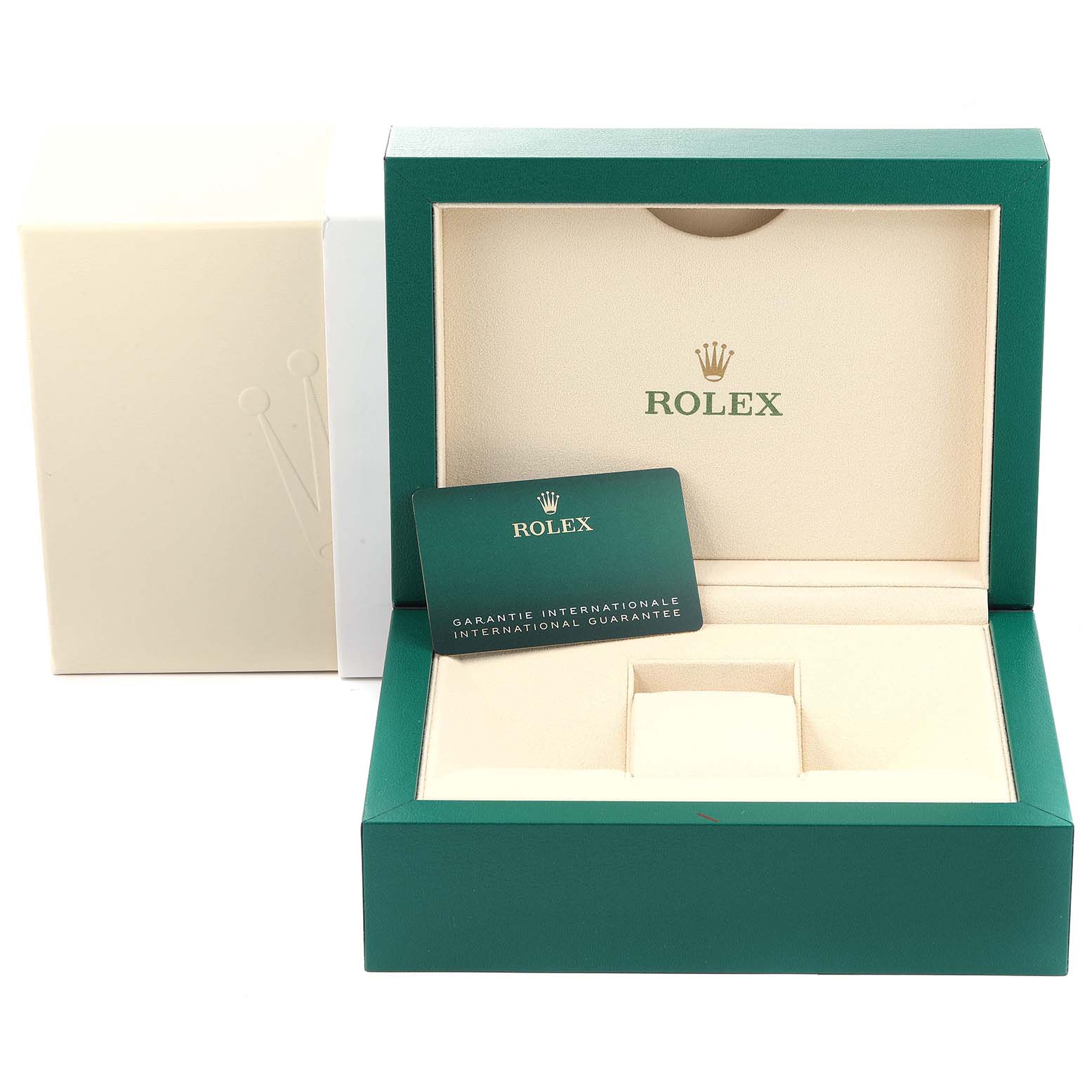 The image shows the opened presentation box and international guarantee card for a Rolex Submariner 124060 Men
s Stainless Steel Black Dial 124060 Men
s Stainless Steel Black Dial watch.