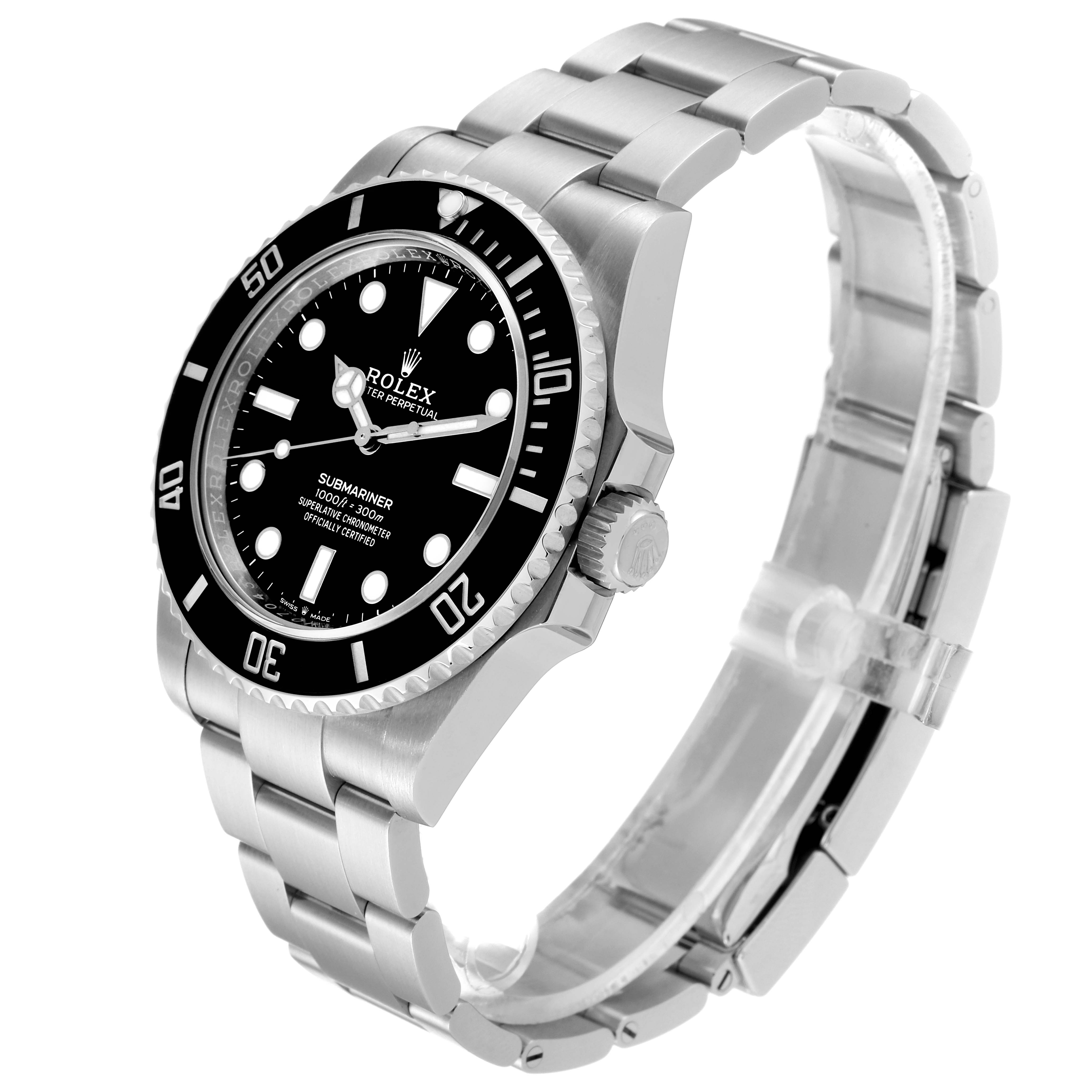 The Rolex Submariner 124060 Men
s Stainless Steel Black Dial 124060 Men
s Stainless Steel Black Dial is shown at an angle displaying its face, bezel, crown, and stainless steel bracelet.