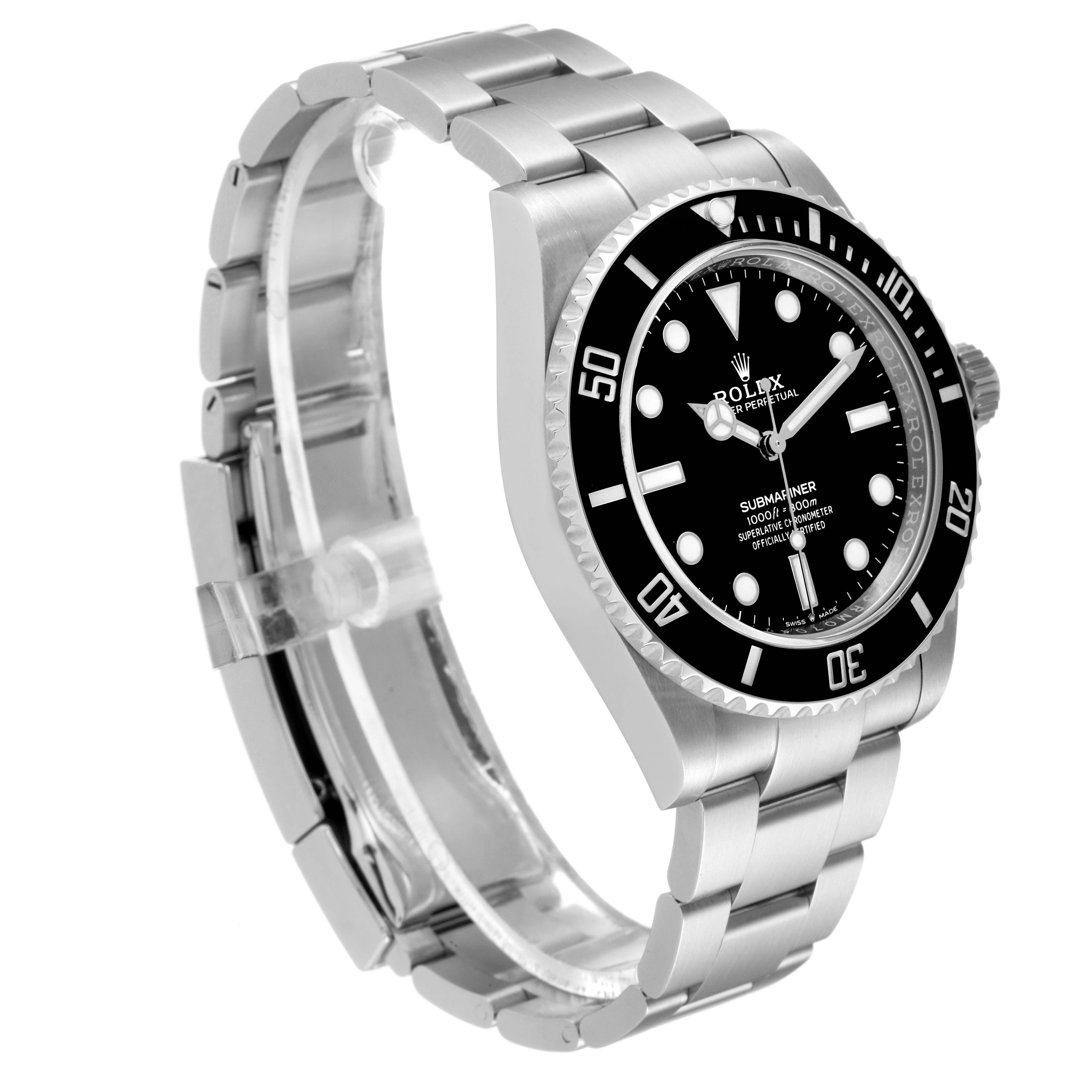 The image shows a Rolex Submariner 124060 Men
s Stainless Steel Black Dial 124060 Men
s Stainless Steel Black Dial watch at a 3/4 angle, highlighting its bezel, dial, case, and bracelet.