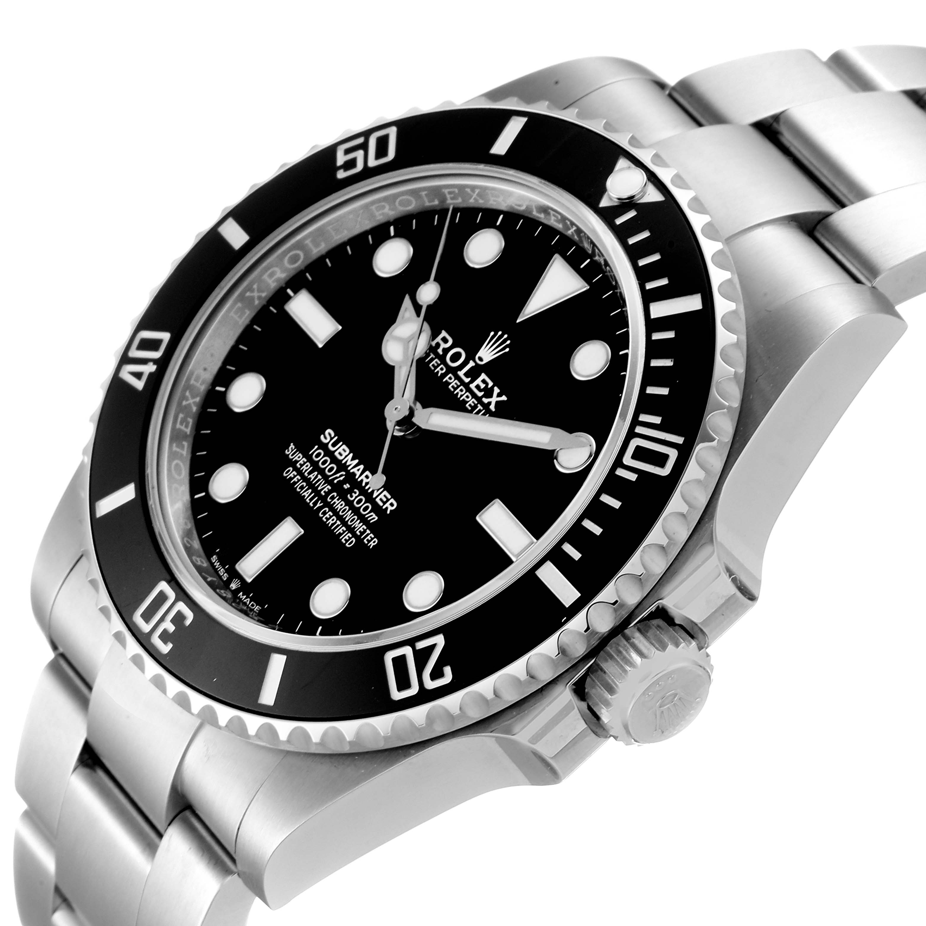 This image shows a Rolex Submariner 124060 Men
s Stainless Steel Black Dial 124060 Men
s Stainless Steel Black Dial watch from a three-quarter angle, highlighting the dial, bezel, crown, and bracelet.