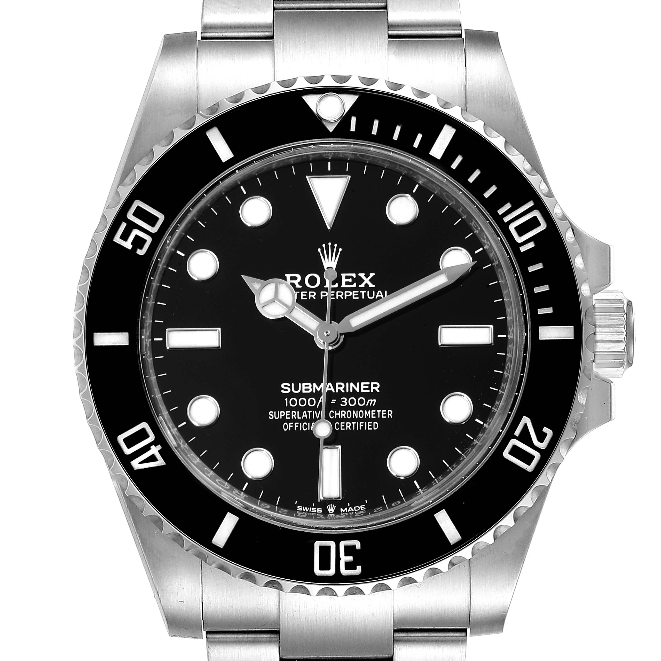 The image shows a front angle of a Rolex Submariner 124060 Men
s Stainless Steel Black Dial 124060 Men
s Stainless Steel Black Dial watch, highlighting its dial, bezel, and part of the bracelet.