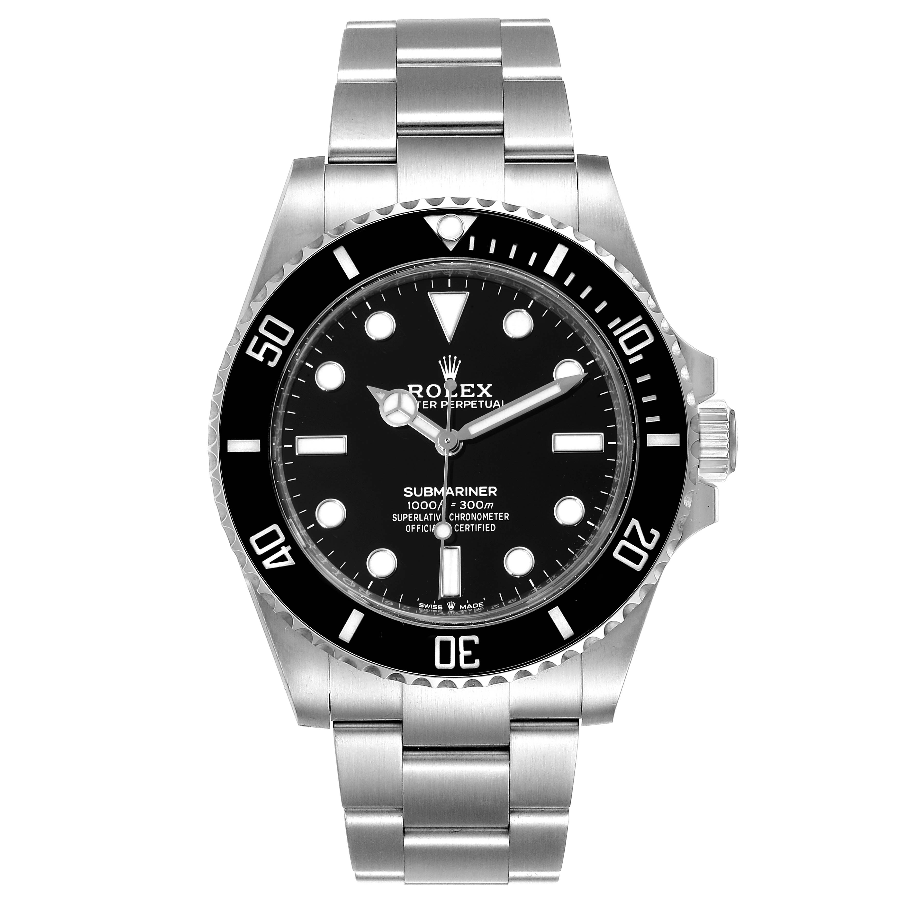 The image shows a front view of the Rolex Submariner 124060 Men
s Stainless Steel Black Dial 124060 Men
s Stainless Steel Black Dial watch, highlighting the dial, bezel, and bracelet.