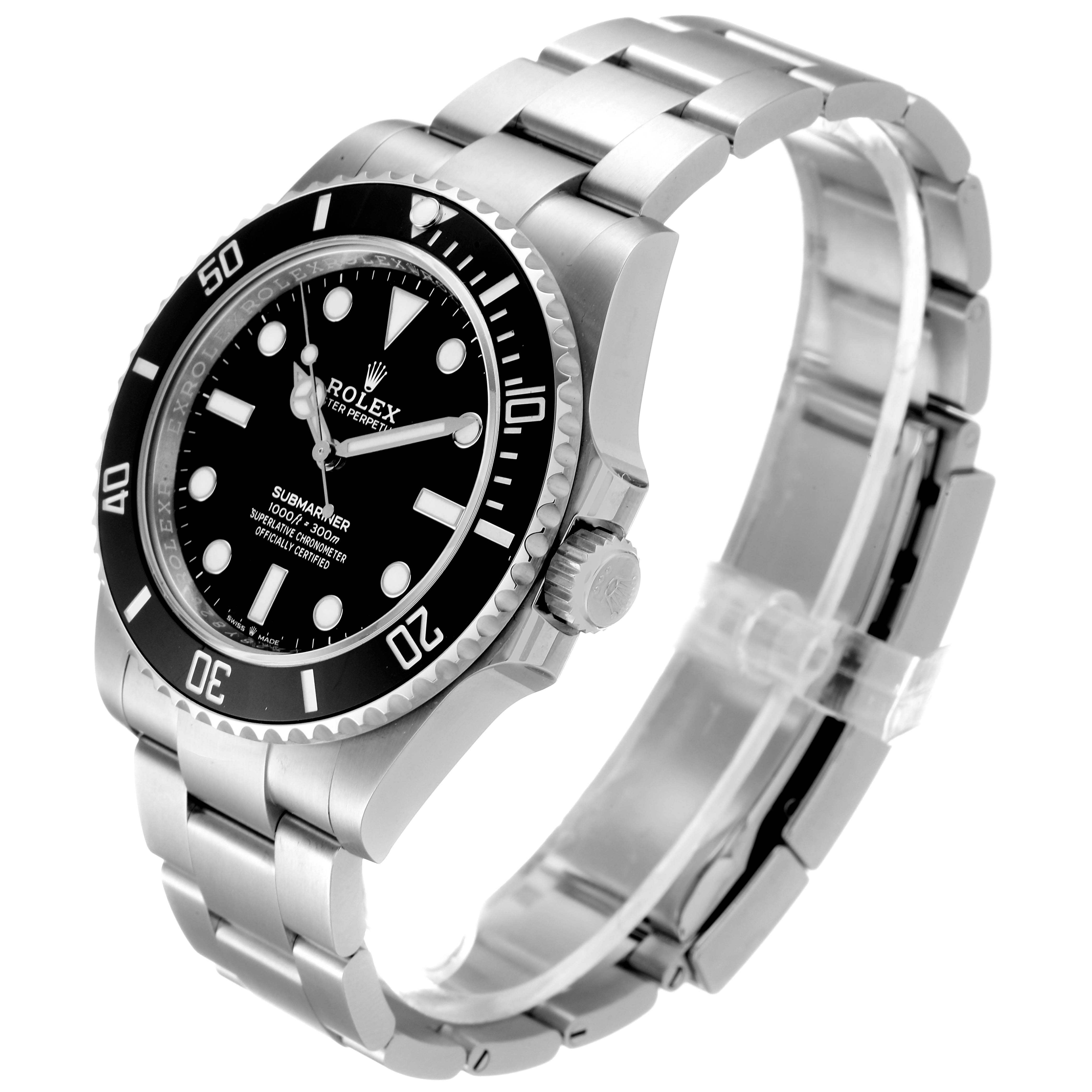 The image shows a Rolex Submariner 124060 Men
s Stainless Steel Black Dial 124060 Men
s Stainless Steel Black Dial watch at a three-quarter angle, highlighting the face, bezel, crown, and bracelet.