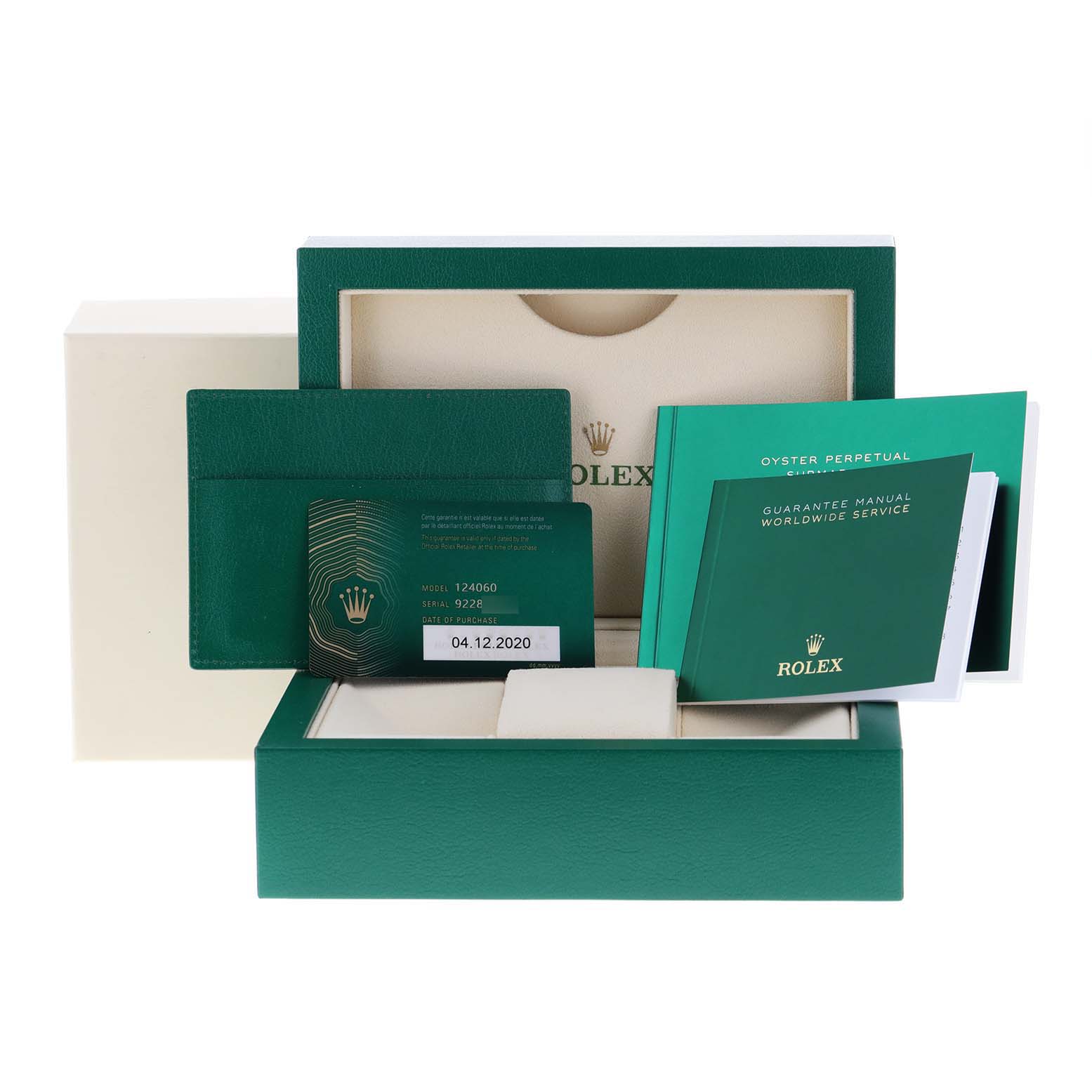 The image shows the packaging and accessories for a Rolex Submariner 124060 Men
s Stainless Steel Black Dial 124060 Men
s Stainless Steel Black Dial, including the box, warranty card, and manuals.