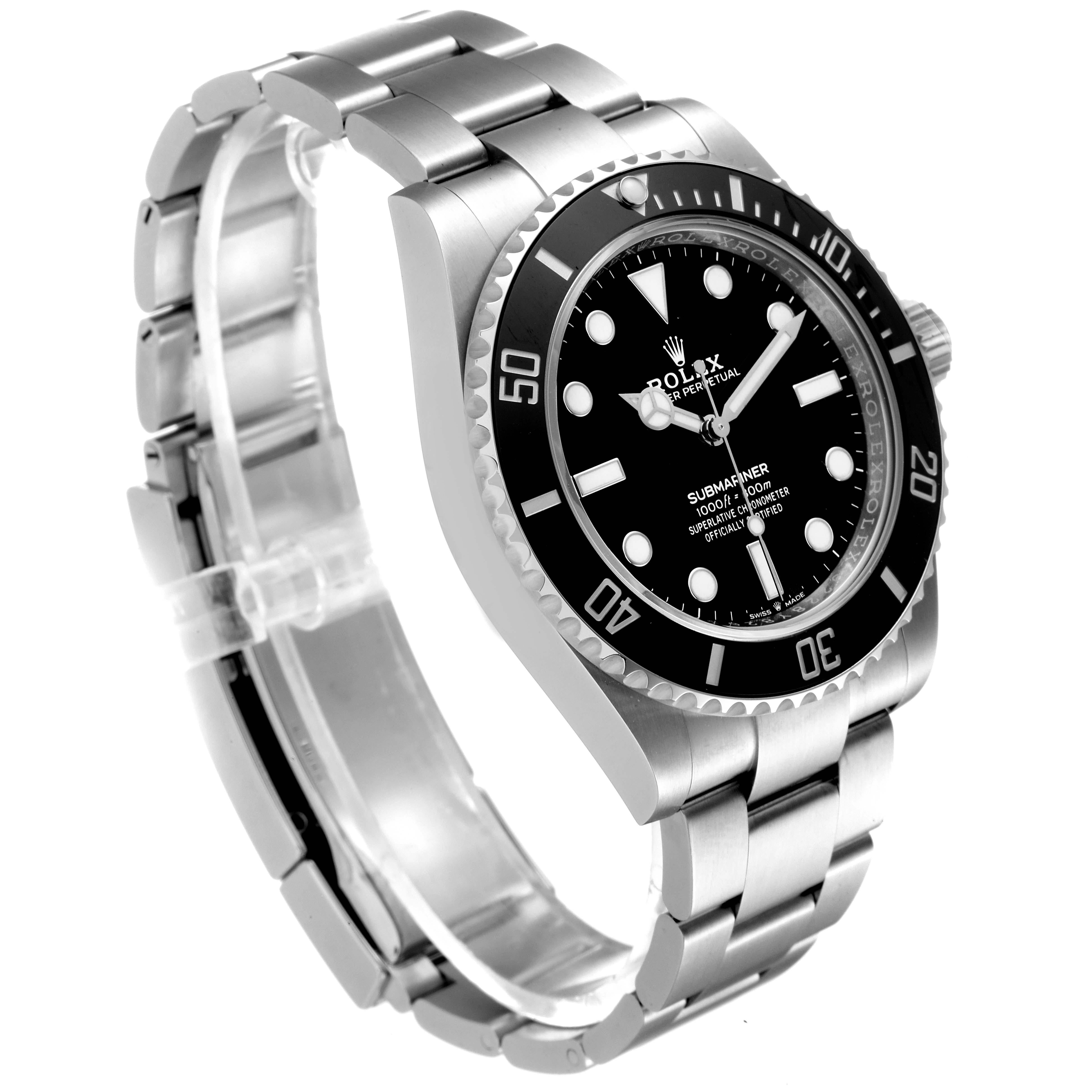 The image shows a Rolex Submariner 124060 Men
s Stainless Steel Black Dial 124060 Men
s Stainless Steel Black Dial watch at a three-quarter angle, highlighting its black dial, rotating bezel, and metal bracelet.