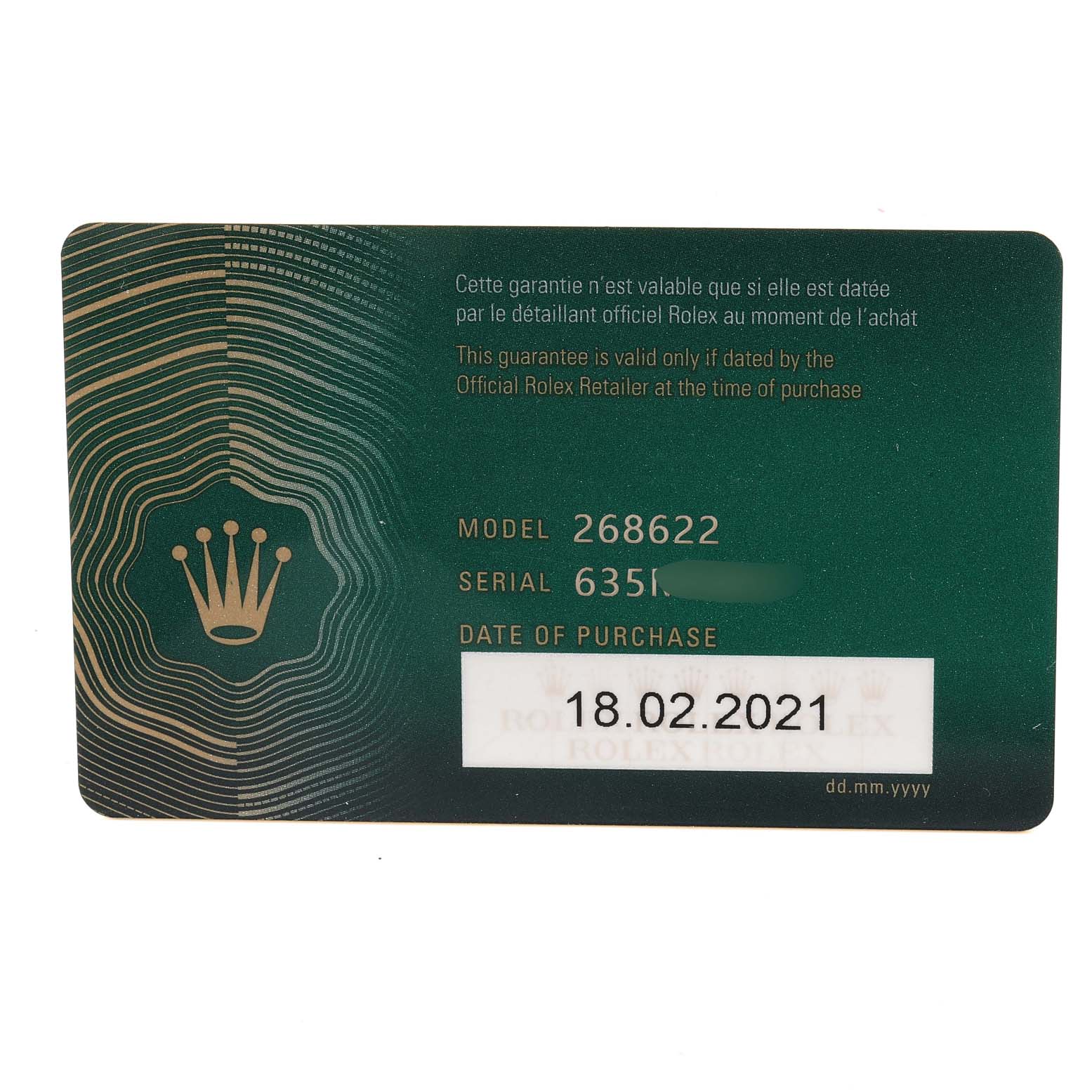 This image shows the guarantee card for a Rolex Yacht-Master 268622 Men
s Stainless Steel Grey Dial 268622 Men
s Stainless Steel Grey Dial model 268622, displaying model number, serial number, and purchase date.