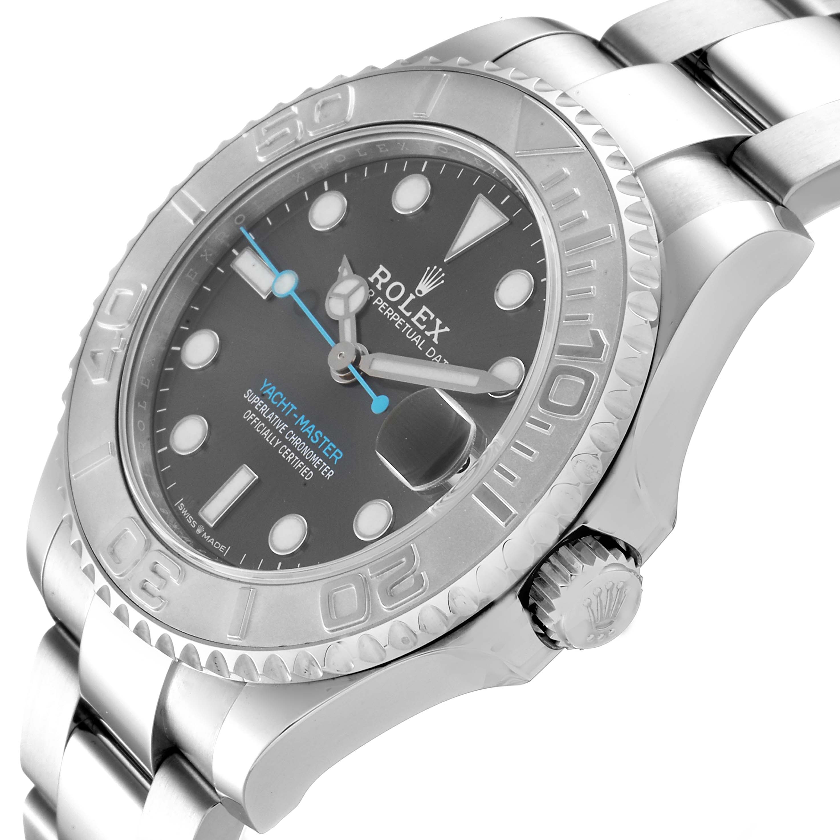 The image shows an angled view of the Rolex Yacht-Master 268622 Men
s Stainless Steel Grey Dial 268622 Men
s Stainless Steel Grey Dial watch, highlighting the dial, bezel, crown, and part of the bracelet.