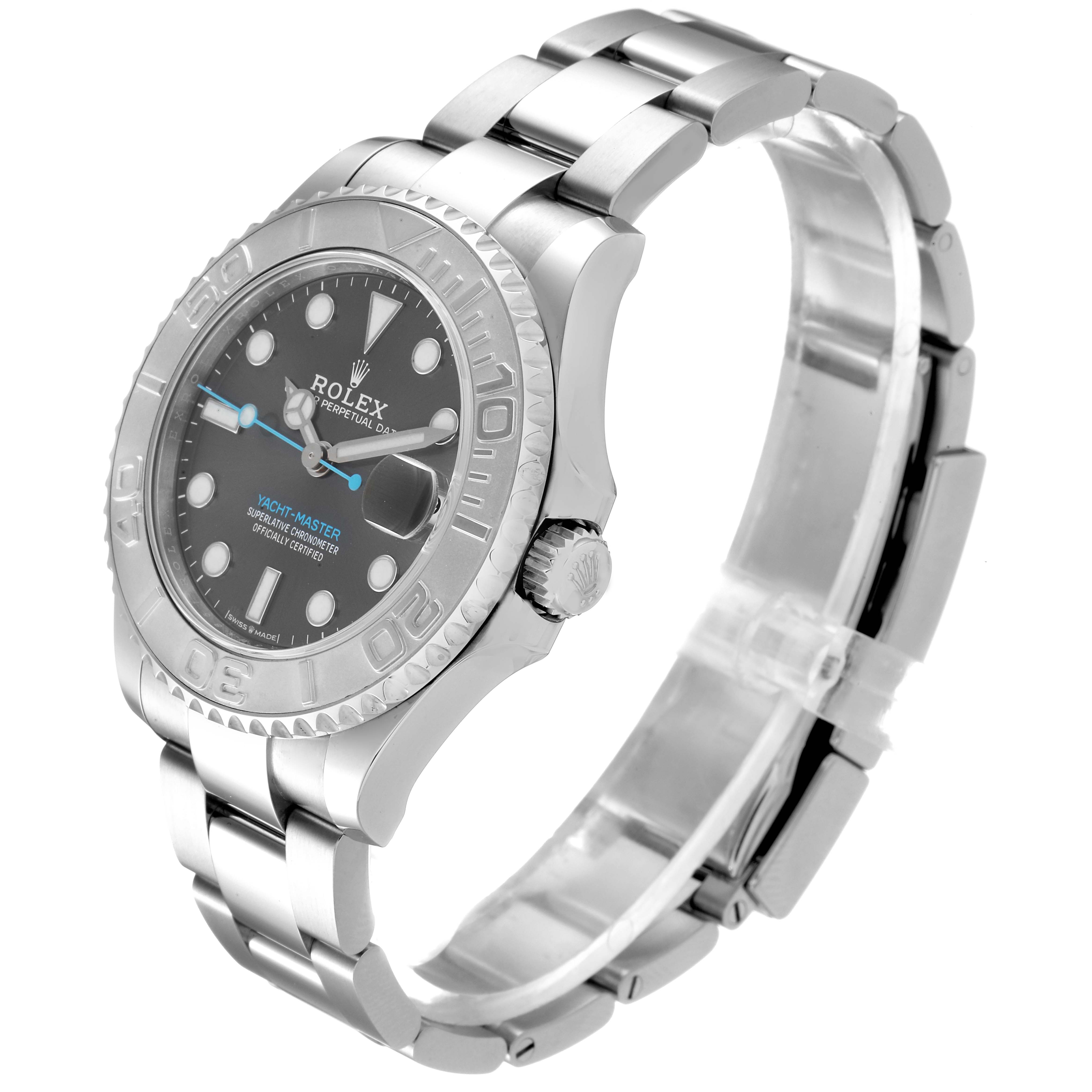 The image shows the Rolex Yacht-Master 268622 Men
s Stainless Steel Grey Dial 268622 Men
s Stainless Steel Grey Dial watch at a three-quarter angle, highlighting its face, bezel, bracelet, and crown.