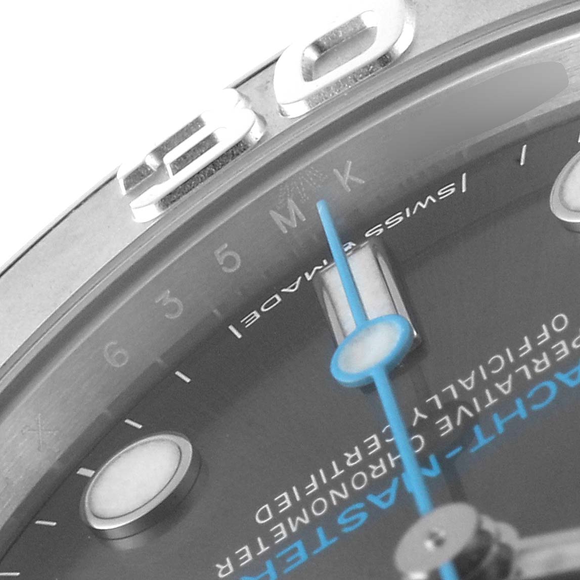 This image shows a close-up angle of the dial and bezel of the Rolex Yacht-Master 268622 Men
s Stainless Steel Grey Dial 268622 Men
s Stainless Steel Grey Dial watch.