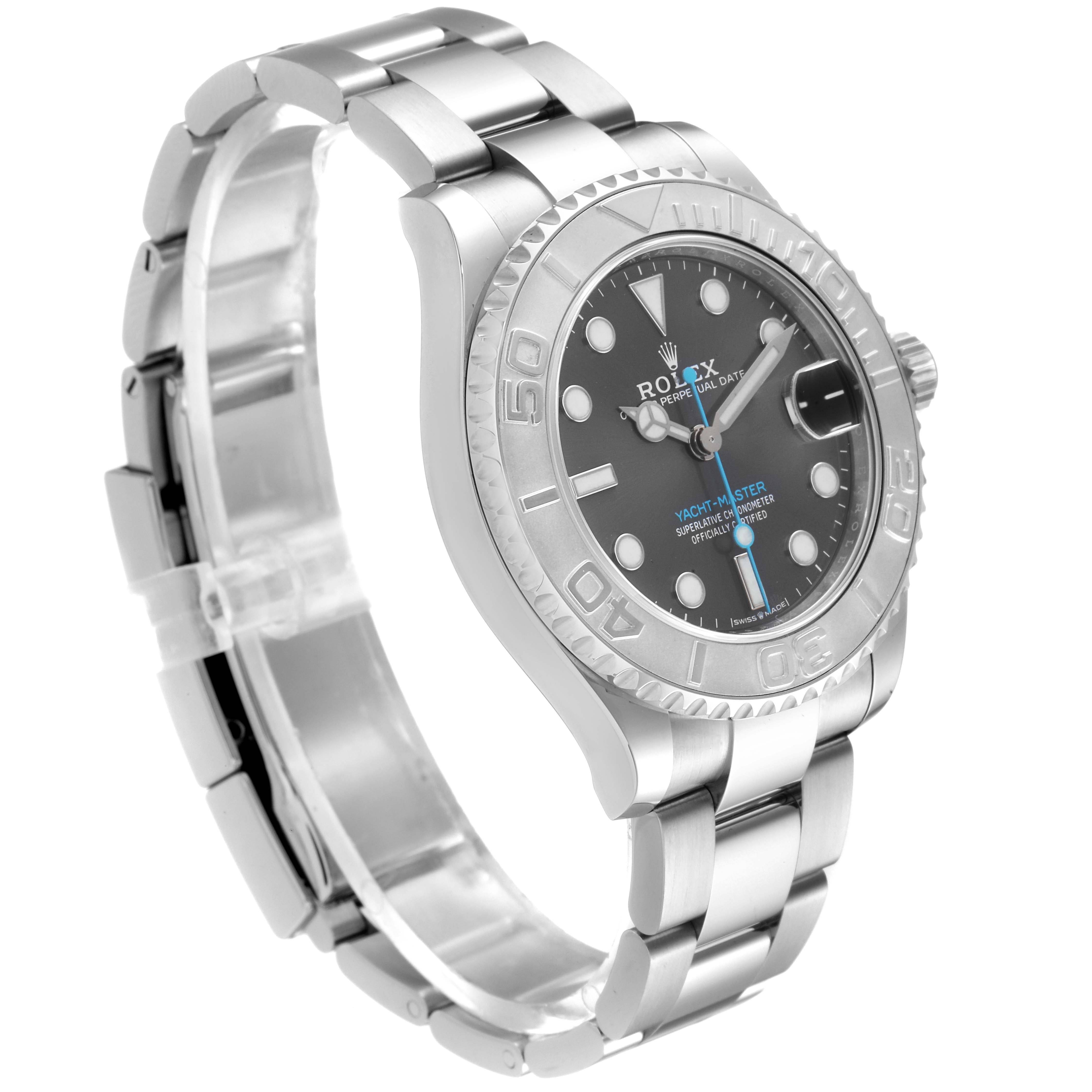 The image shows a side-angle view of a Rolex Yacht-Master 268622 Men
s Stainless Steel Grey Dial 268622 Men
s Stainless Steel Grey Dial watch, focusing on the dial, bezel, case, and stainless steel bracelet.