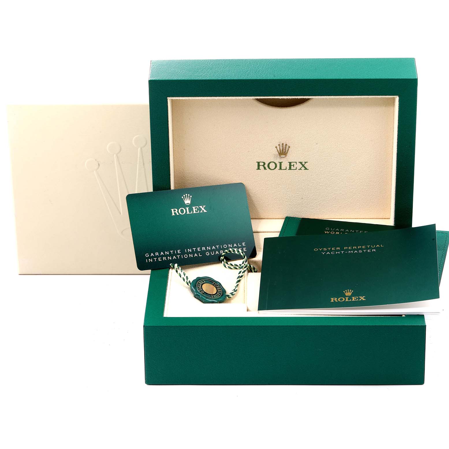 The image shows an open Rolex Yacht-Master 268622 Men
s Stainless Steel Grey Dial 268622 Men
s Stainless Steel Grey Dial watch box, manuals, guarantee card, and accessories from a top-front angle.