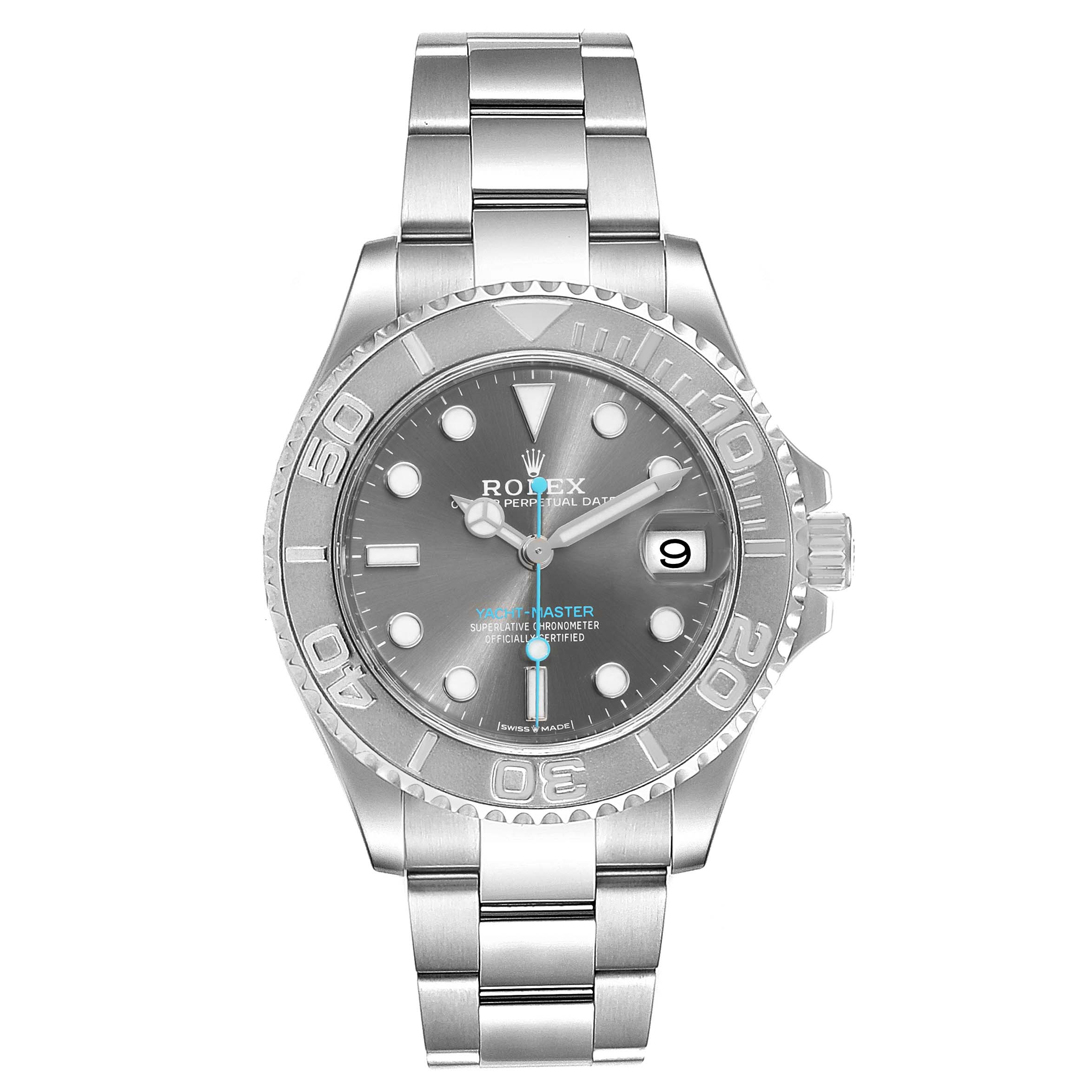 This image shows a Rolex Yacht-Master 268622 Men
s Stainless Steel Grey Dial 268622 Men
s Stainless Steel Grey Dial watch from a front angle, displaying the dial, bezel, and bracelet.