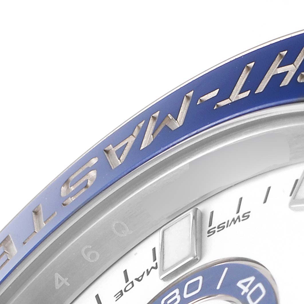 This close-up image shows the bezel and part of the dial of a Rolex Yacht-Master 116680 Men
s Stainless Steel White Dial 116680 Men
s Stainless Steel White Dial watch.