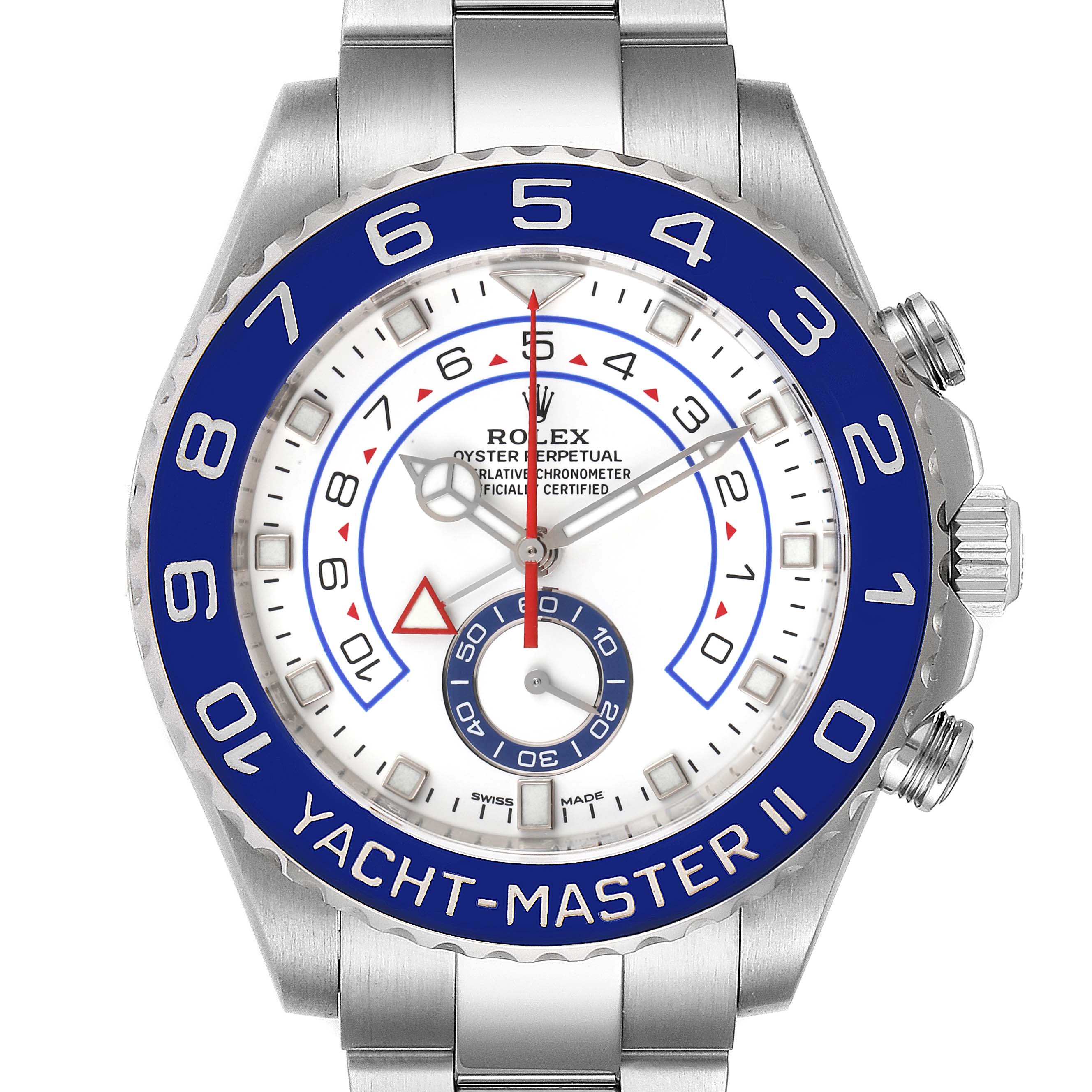 The image shows a Rolex Yacht-Master 116680 Men
s Stainless Steel White Dial 116680 Men
s Stainless Steel White Dial II watch from a top-down angle, highlighting the face, bezel, and part of the bracelet.