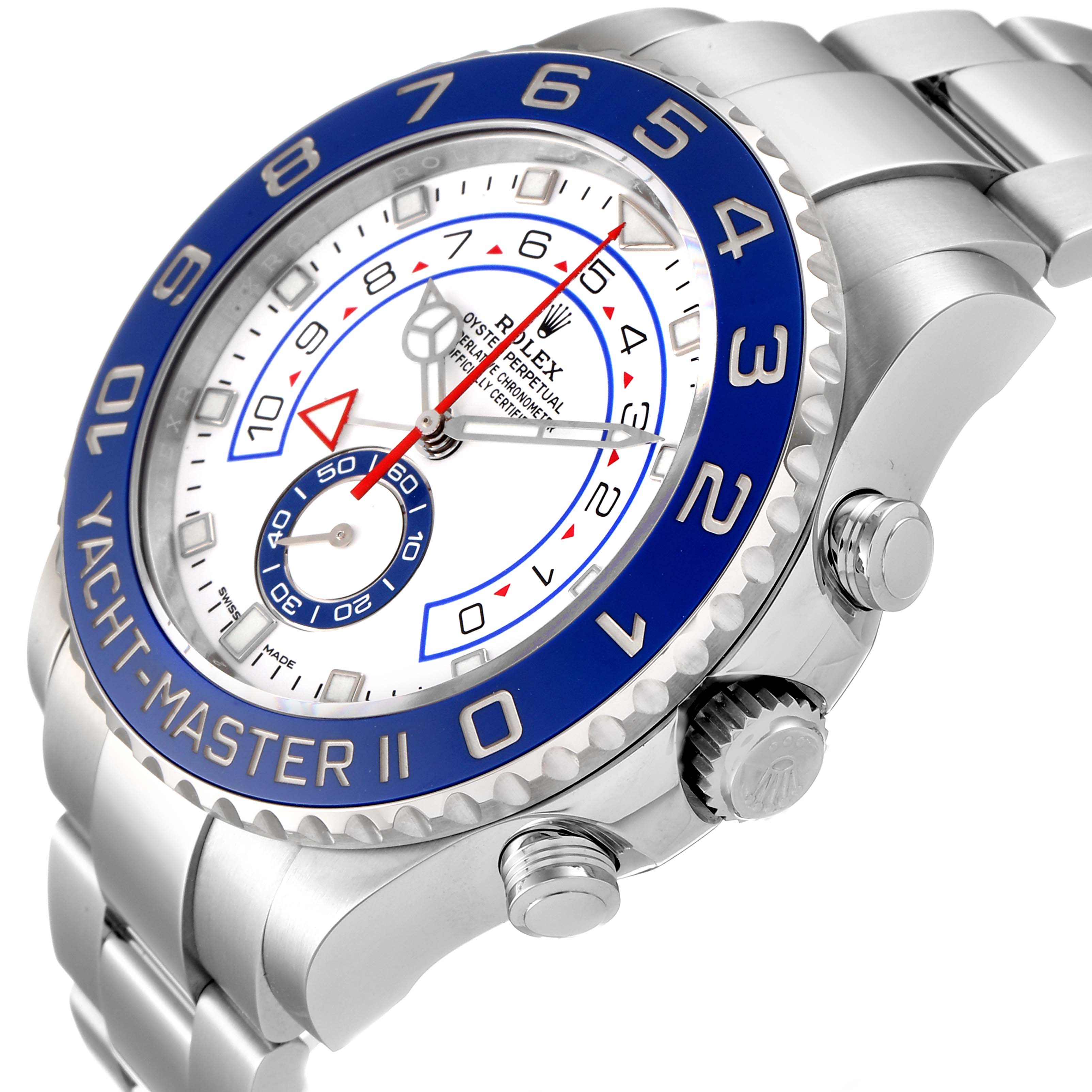 This image shows the front and side of the Rolex Yacht-Master 116680 Men
s Stainless Steel White Dial 116680 Men
s Stainless Steel White Dial II watch, highlighting the bezel, dial, and crown.