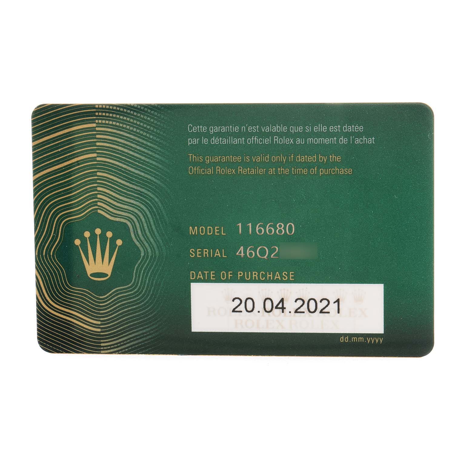 The image shows the guarantee card for the Rolex Yacht-Master 116680 Men
s Stainless Steel White Dial 116680 Men
s Stainless Steel White Dial model 116680, displaying the model number, serial number, and purchase date.