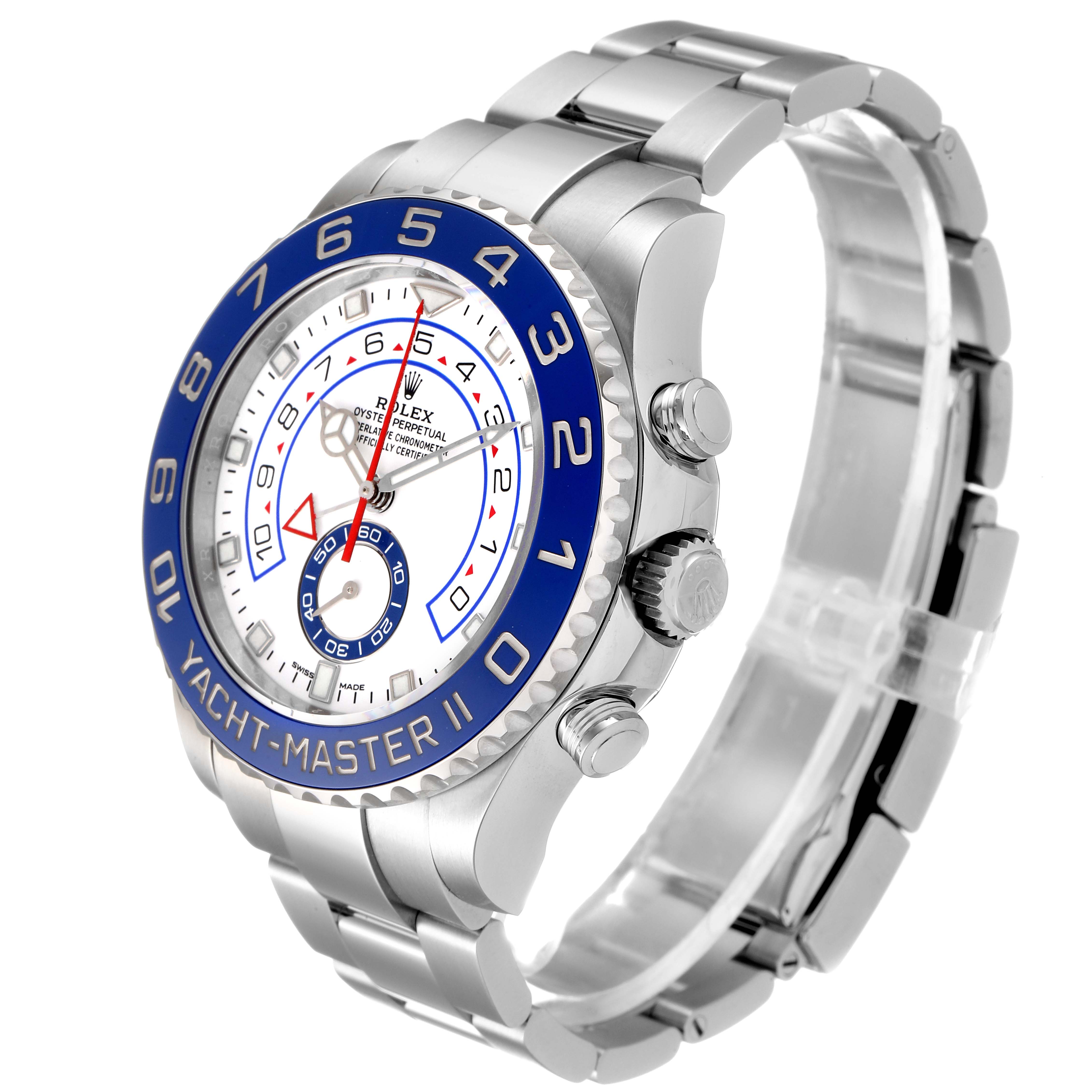 This image shows the Rolex Yacht-Master 116680 Men
s Stainless Steel White Dial 116680 Men
s Stainless Steel White Dial II watch at an angle focusing on the face, bezel, crown, and bracelet.