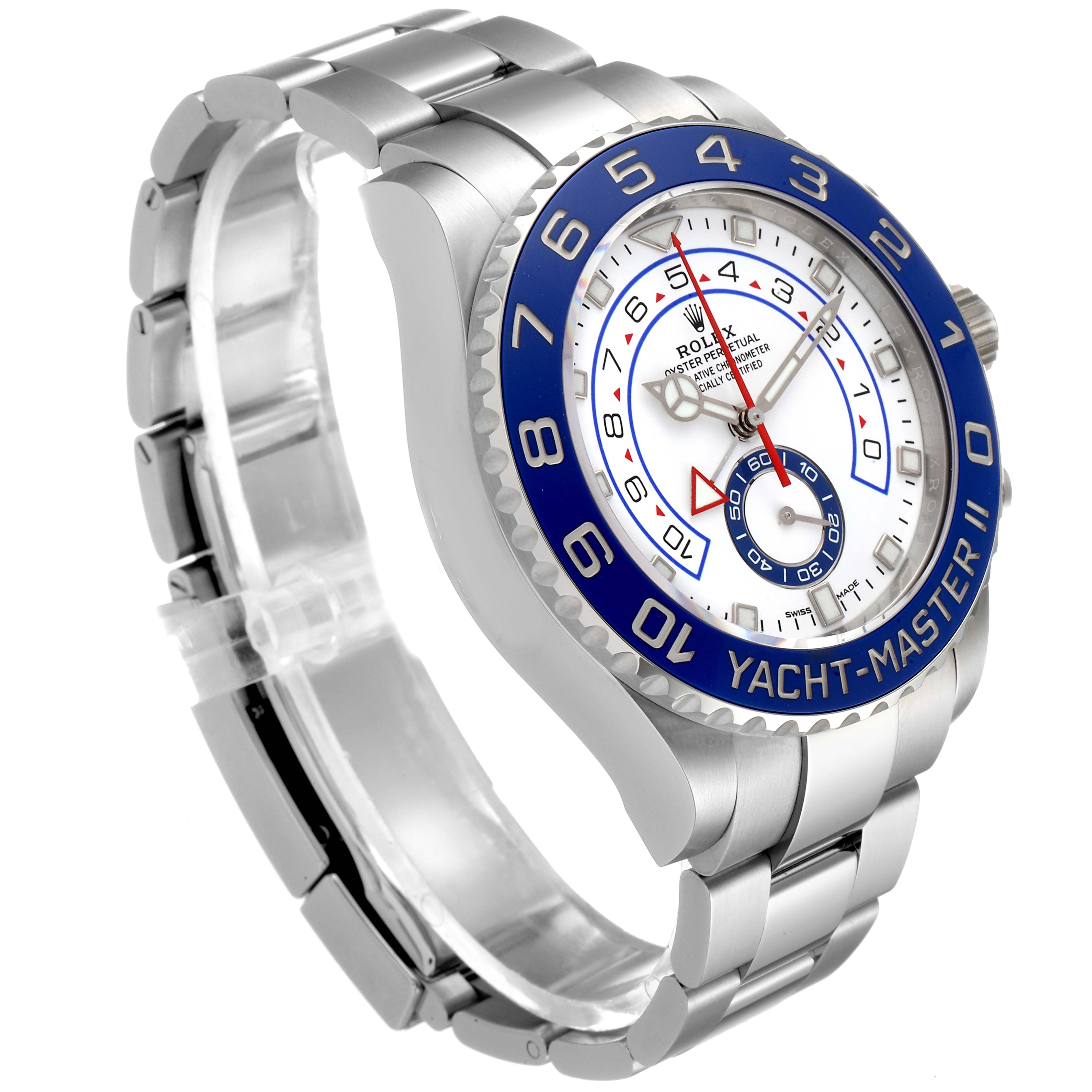 The Rolex Yacht-Master 116680 Men
s Stainless Steel White Dial 116680 Men
s Stainless Steel White Dial watch is shown from a three-quarter front angle, highlighting the bezel, dial, and bracelet.