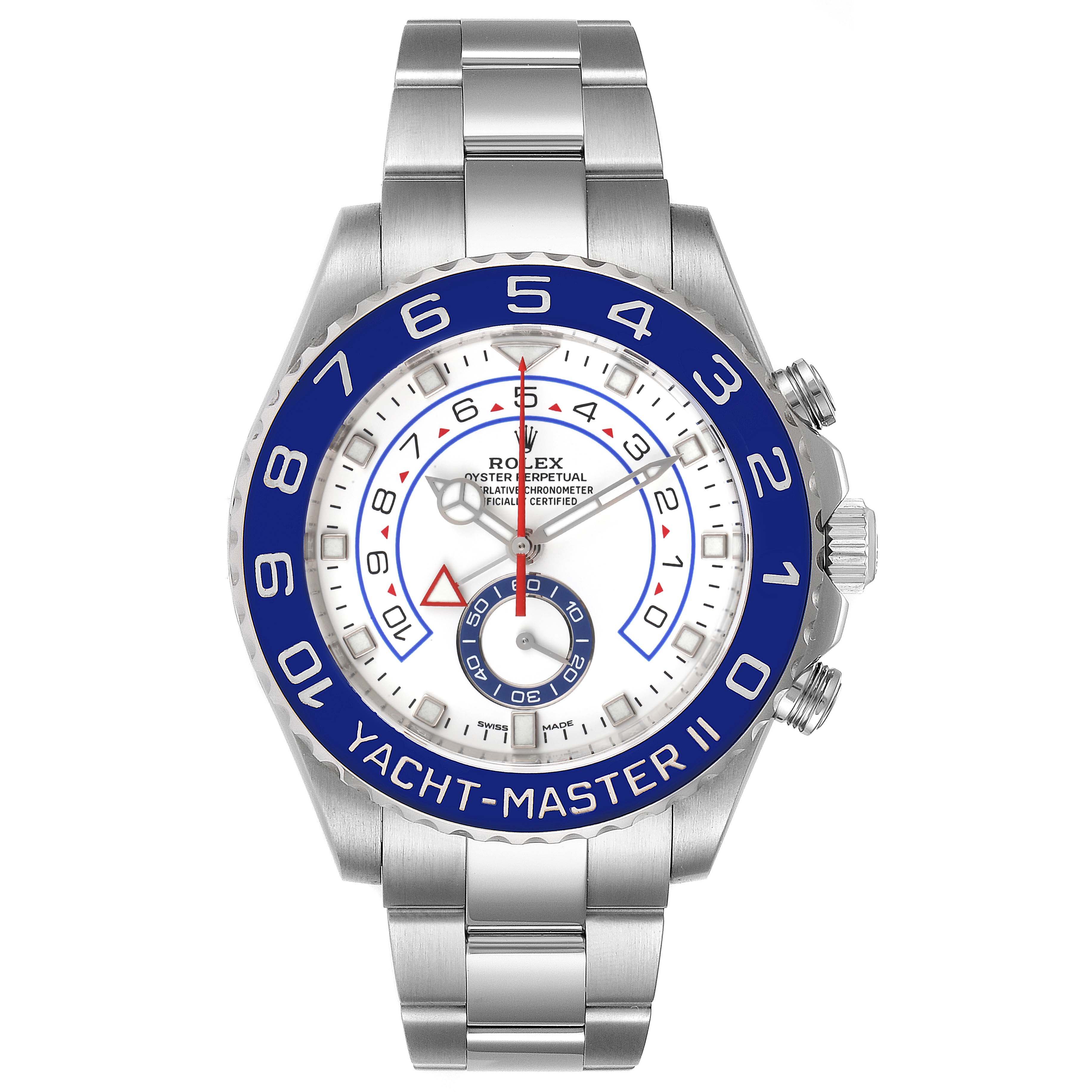 This Rolex Yacht-Master 116680 Men
s Stainless Steel White Dial 116680 Men
s Stainless Steel White Dial watch is shown from the front angle, featuring its face, bezel, and metal bracelet.
