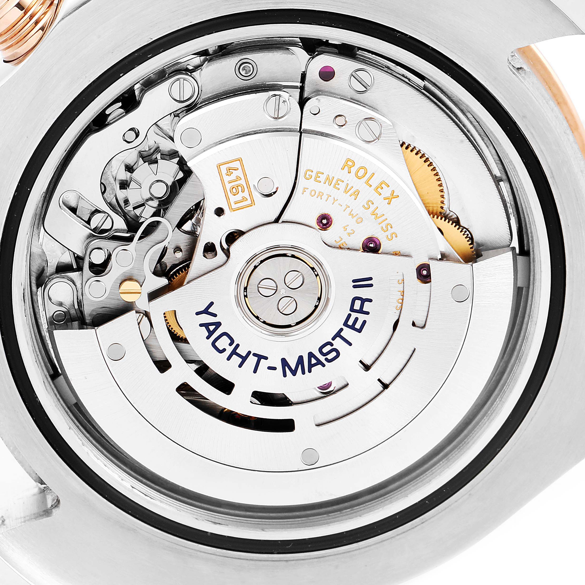 This image shows the internal mechanical movement of a Rolex Yacht-Master 116681 Men
s Steel and Gold (two tone) White Dial 116681 Men
s Steel and Gold (two tone) White Dial II watch from an overhead angle.