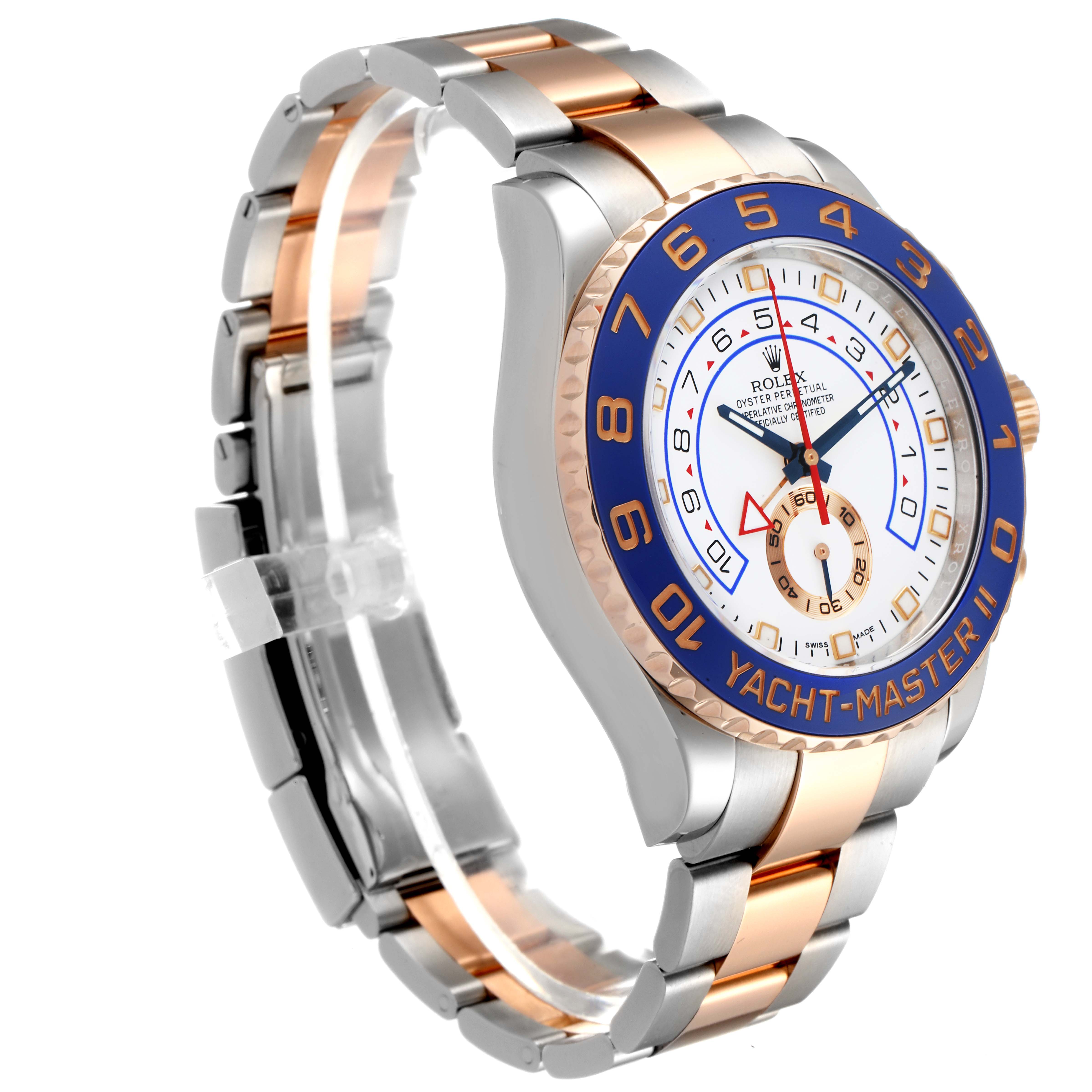 This image shows a Rolex Yacht-Master 116681 Men
s Steel and Gold (two tone) White Dial 116681 Men
s Steel and Gold (two tone) White Dial II watch from a left-side angle, displaying the face, bezel, and part of the bracelet.