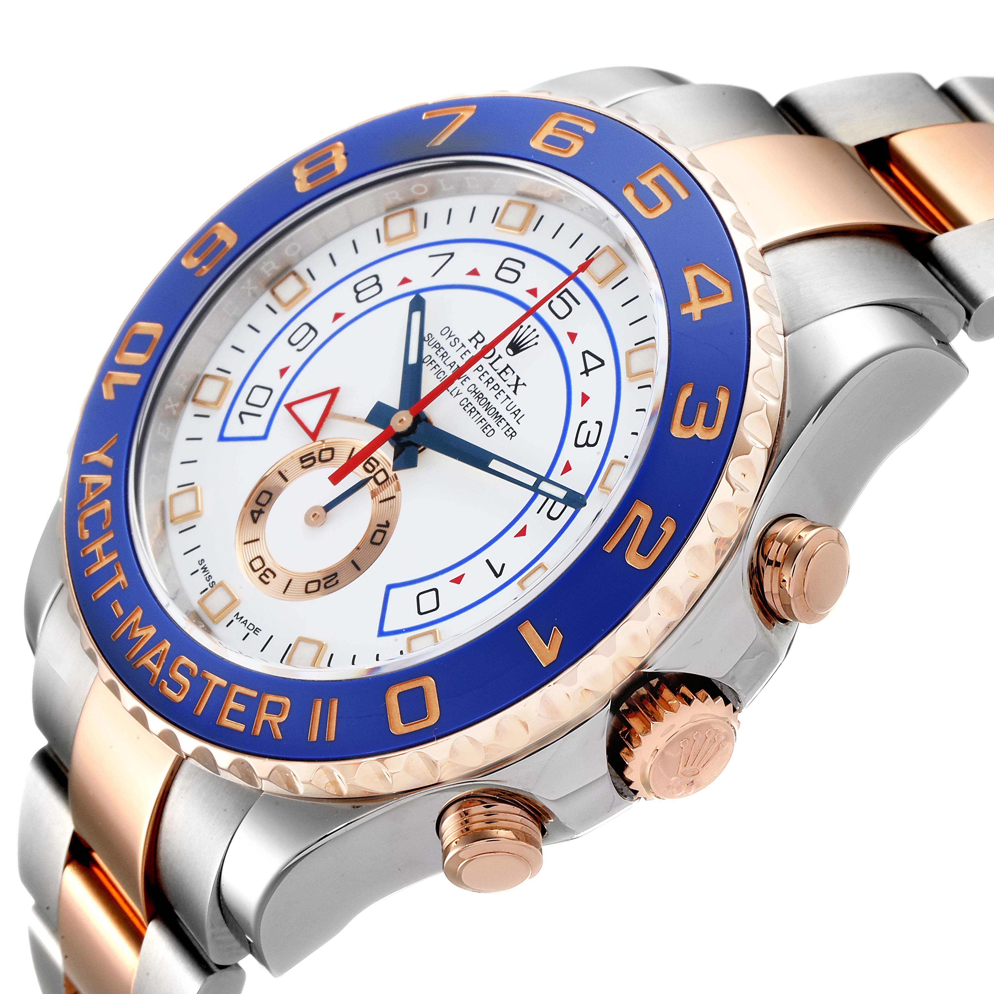 This image shows a Rolex Yacht-Master 116681 Men
s Steel and Gold (two tone) White Dial 116681 Men
s Steel and Gold (two tone) White Dial II watch at a 45-degree angle, displaying its face, bezel, crown, and part of its bracelet.