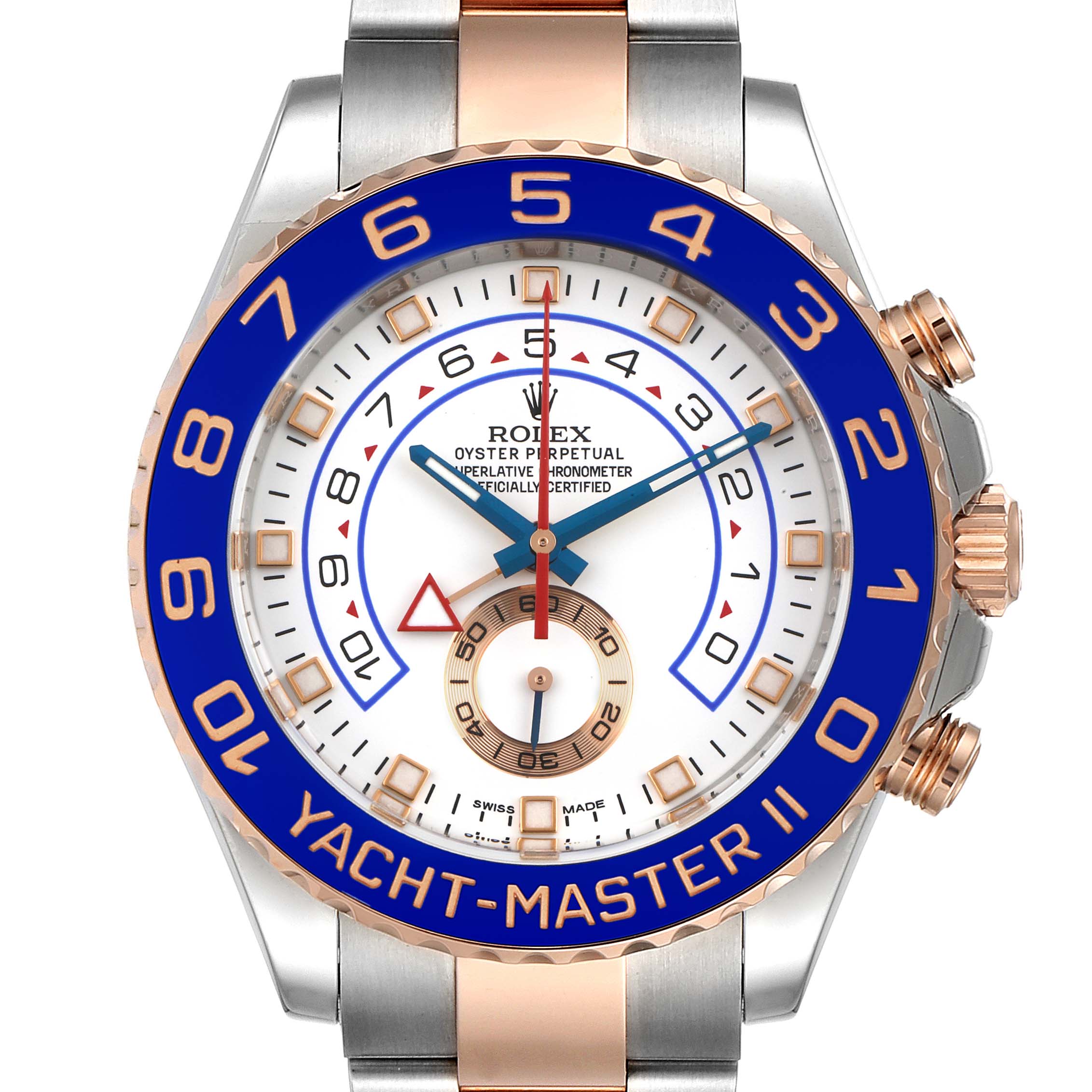 The image displays a close-up frontal view of a Rolex Yacht-Master 116681 Men
s Steel and Gold (two tone) White Dial 116681 Men
s Steel and Gold (two tone) White Dial II watch, showcasing the dial, bezel, and part of the bracelet.