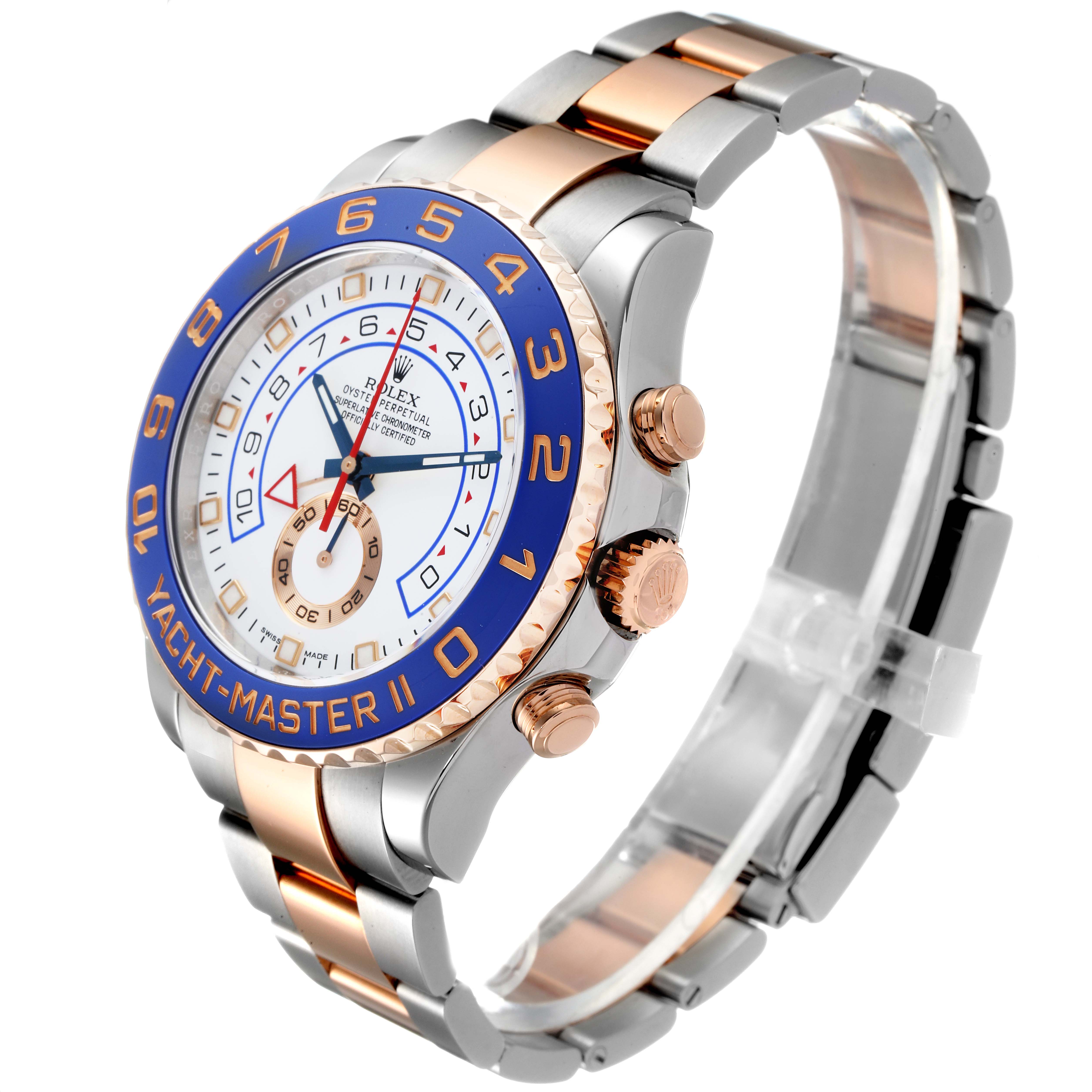 This Rolex Yacht-Master 116681 Men
s Steel and Gold (two tone) White Dial 116681 Men
s Steel and Gold (two tone) White Dial watch is shown from an angled side view, displaying the face, bezel, and bracelet.