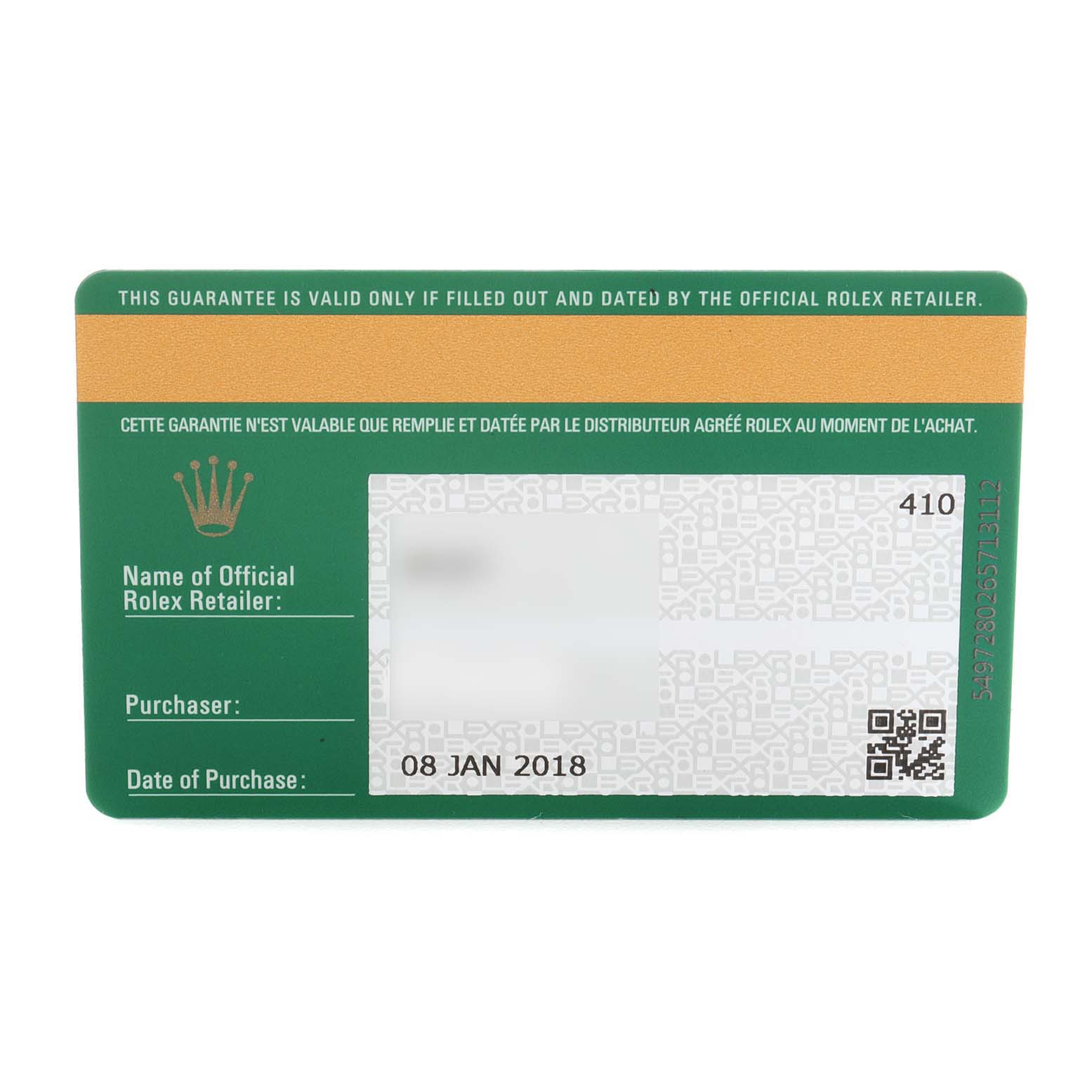 The image shows a guarantee card from Rolex for a Yacht-Master model, indicating purchase details and the official retailer.