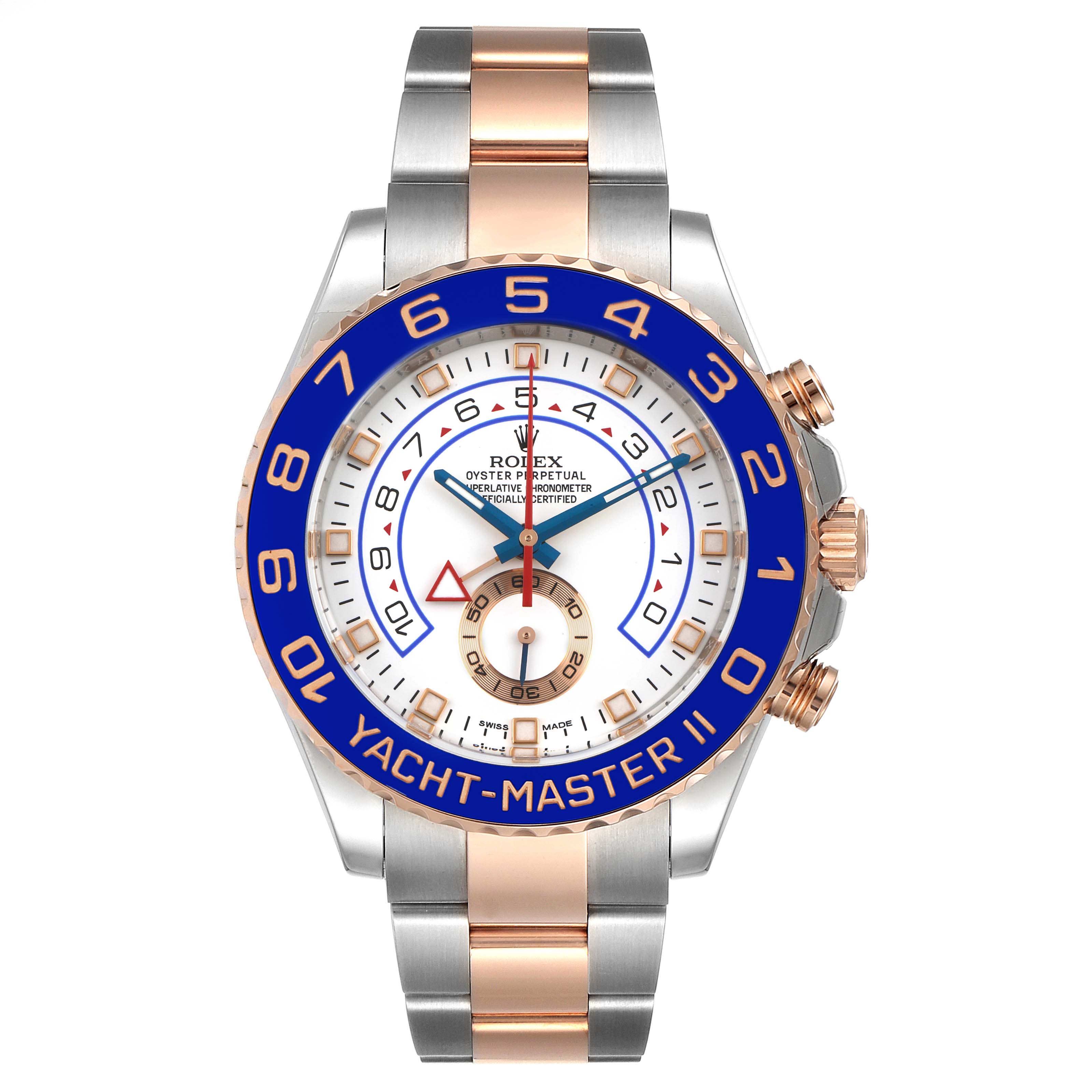 The Yacht-Master II by Rolex is shown from a frontal angle, highlighting its dial, bezel, and two-tone bracelet.
