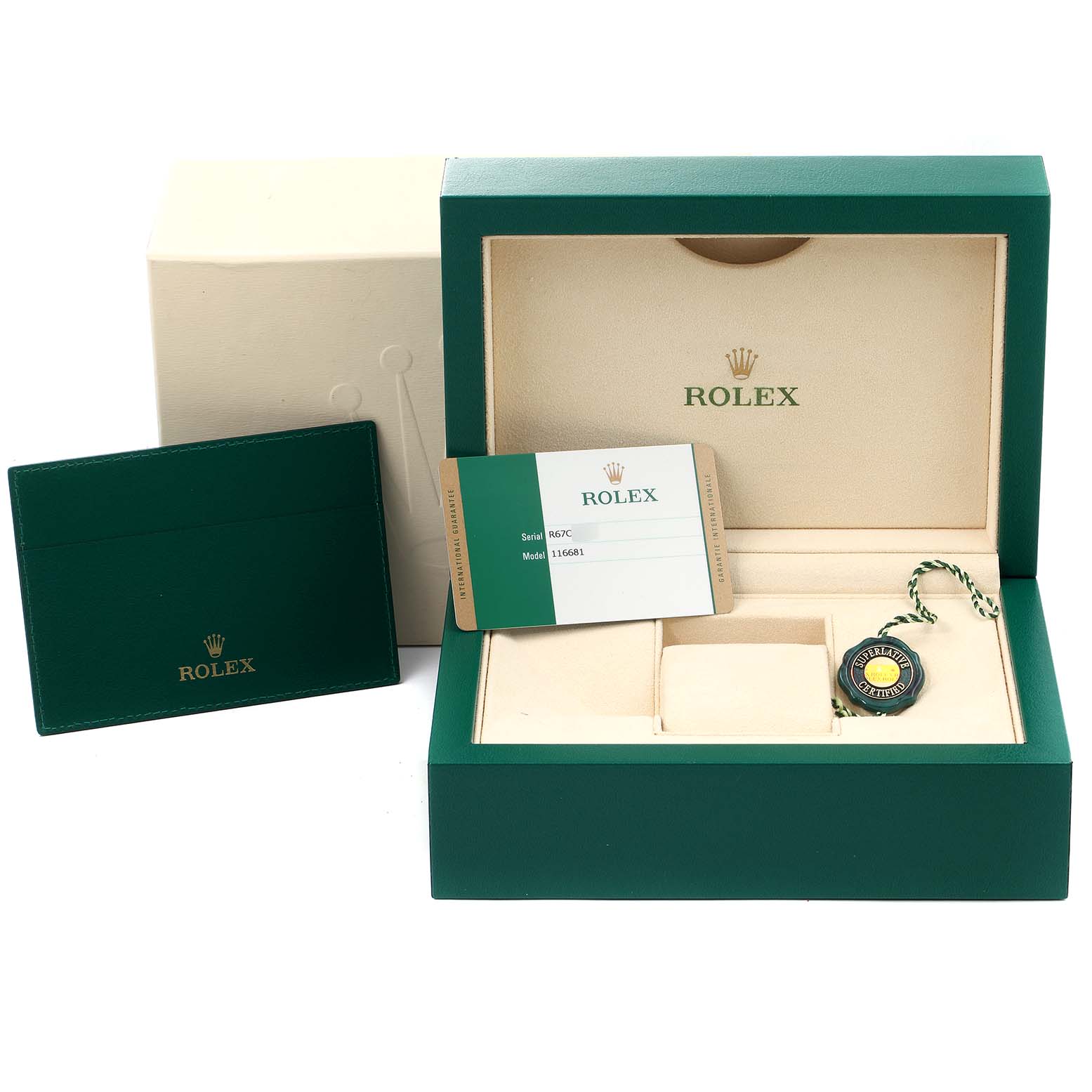 The image shows an open Rolex Yacht-Master 116681 Men
s Steel and Gold (two tone) White Dial 116681 Men
s Steel and Gold (two tone) White Dial watch box, warranty card, and cardholder from a front angle.