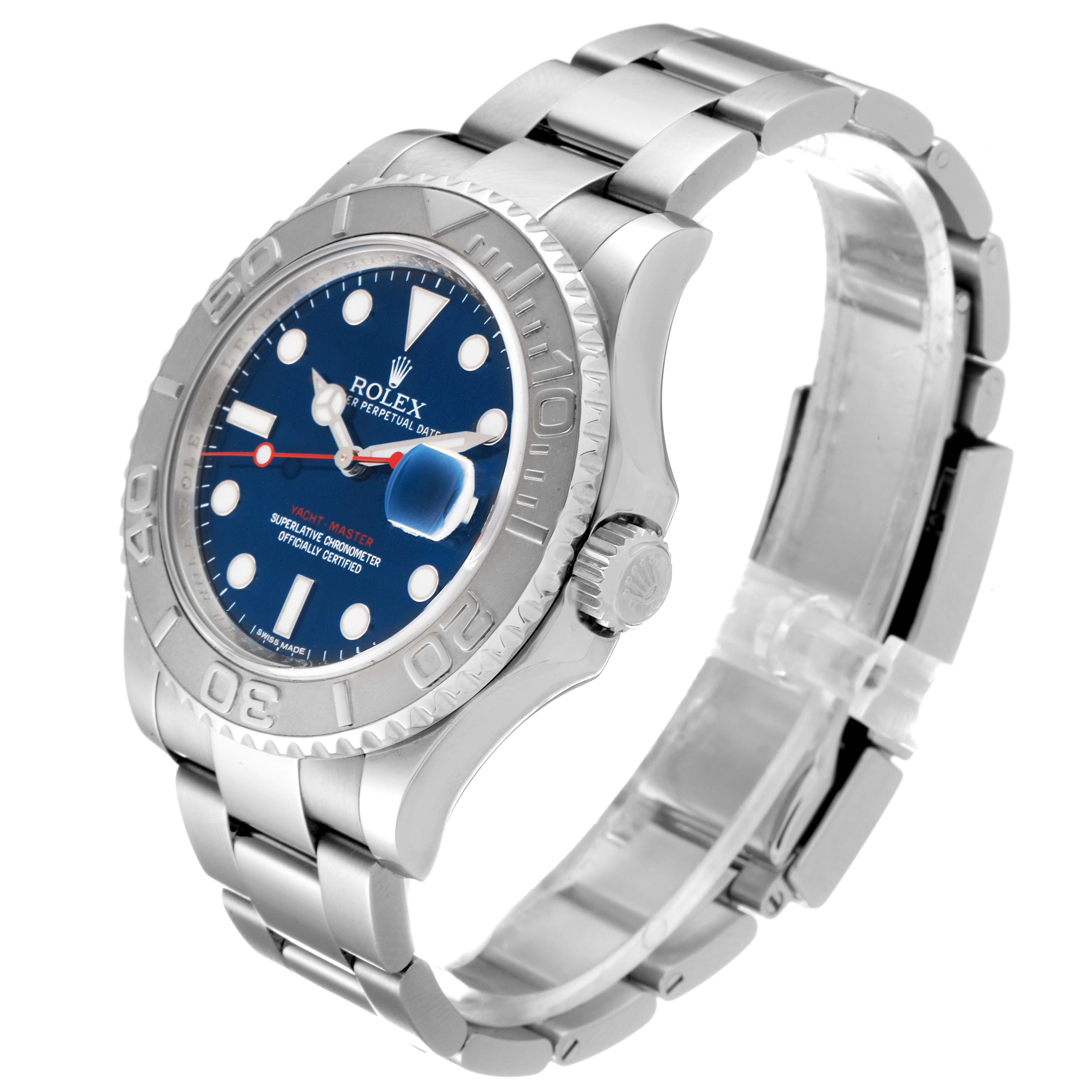 The image shows a stainless steel Rolex Yacht-Master 116622 Men
s Stainless Steel Blue Dial 116622 Men
s Stainless Steel Blue Dial watch at a slight left-side angle, displaying its face, bezel, and bracelet.