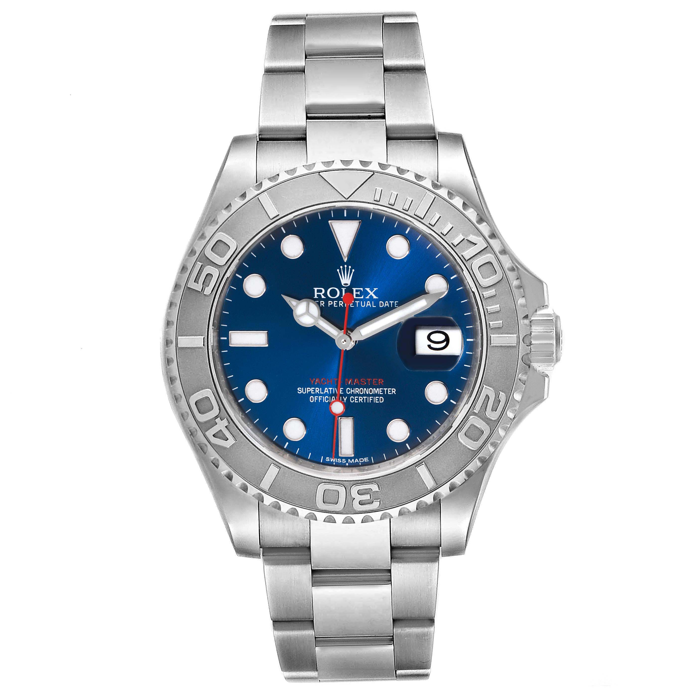 The image shows a frontal view of a Rolex Yacht-Master 116622 Men
s Stainless Steel Blue Dial 116622 Men
s Stainless Steel Blue Dial watch with a blue dial, steel bracelet, and rotating bezel.