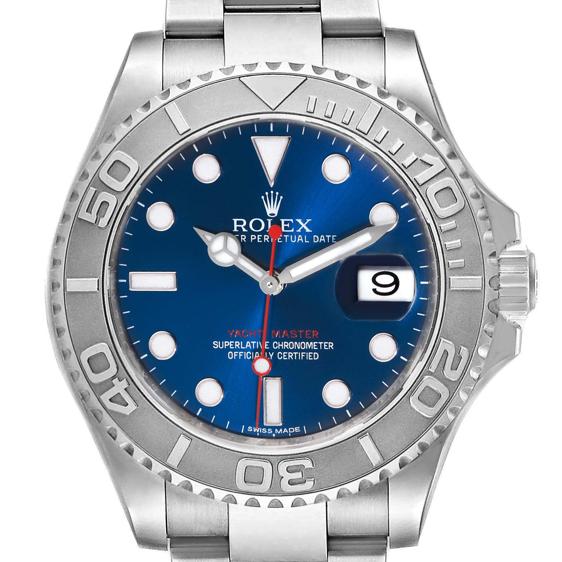 The Rolex Yacht-Master 116622 Men
s Stainless Steel Blue Dial 116622 Men
s Stainless Steel Blue Dial watch is shown from the front, displaying the face, bezel, crown, and a portion of the bracelet.