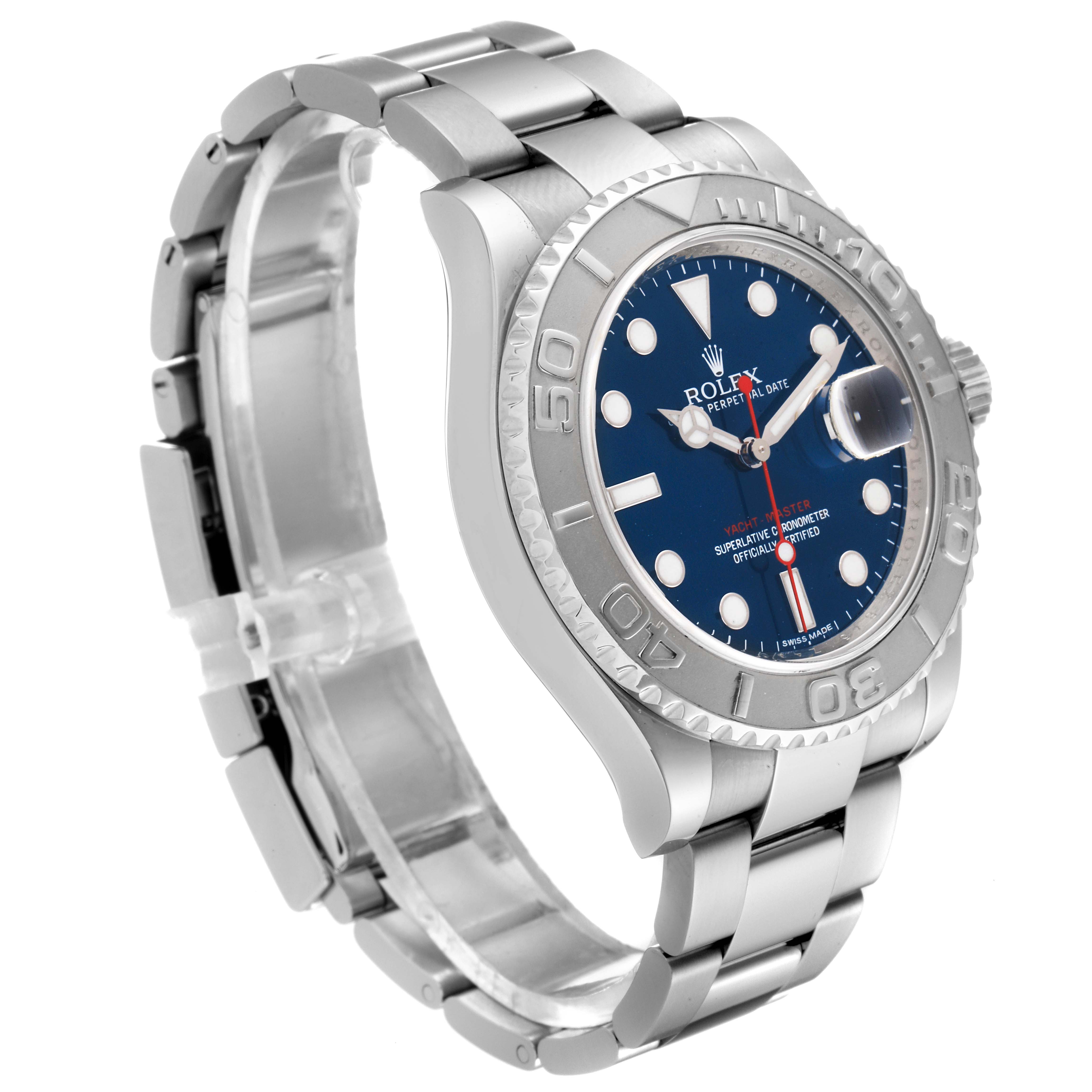 The Rolex Yacht-Master 116622 Men
s Stainless Steel Blue Dial 116622 Men
s Stainless Steel Blue Dial watch is shown at a three-quarter angle, highlighting the face, bezel, and bracelet.