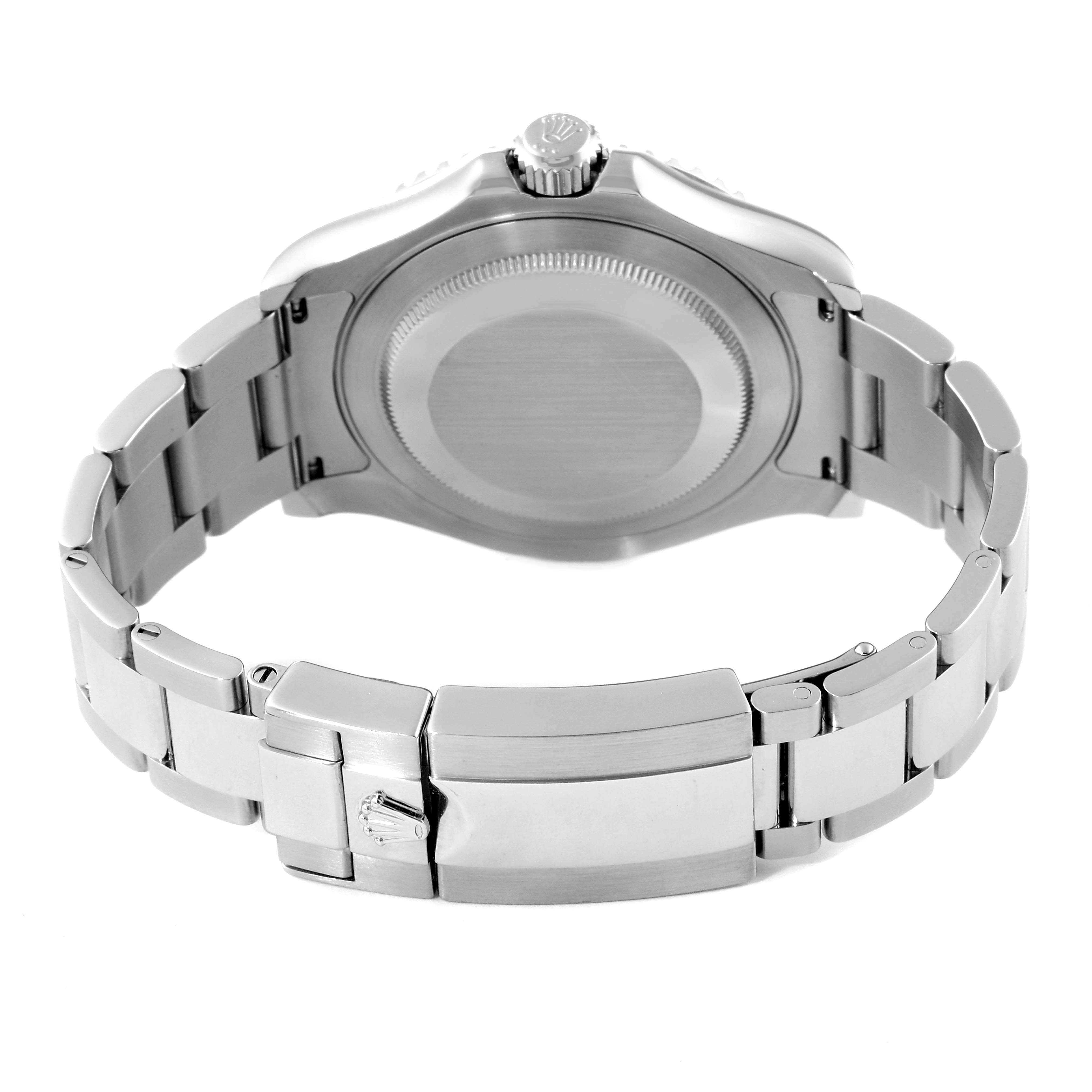 The image shows the back view of a Rolex Yacht-Master 116622 Men
s Stainless Steel Blue Dial 116622 Men
s Stainless Steel Blue Dial watch, highlighting the clasp, bracelet links, and case back.