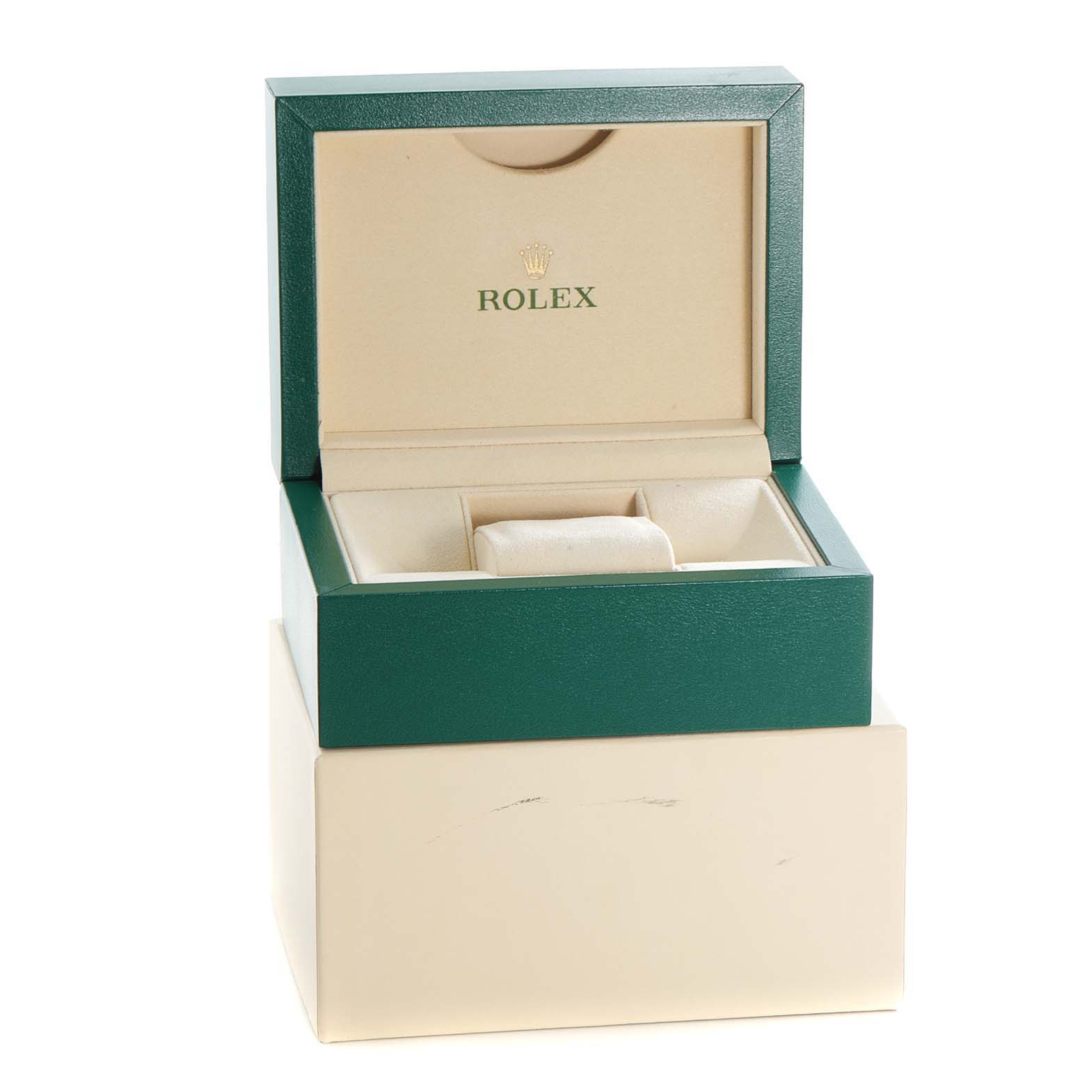 The image shows an open Rolex Yacht-Master 116622 Men
s Stainless Steel Blue Dial 116622 Men
s Stainless Steel Blue Dial watch box at a front angle, revealing its inner cushion.