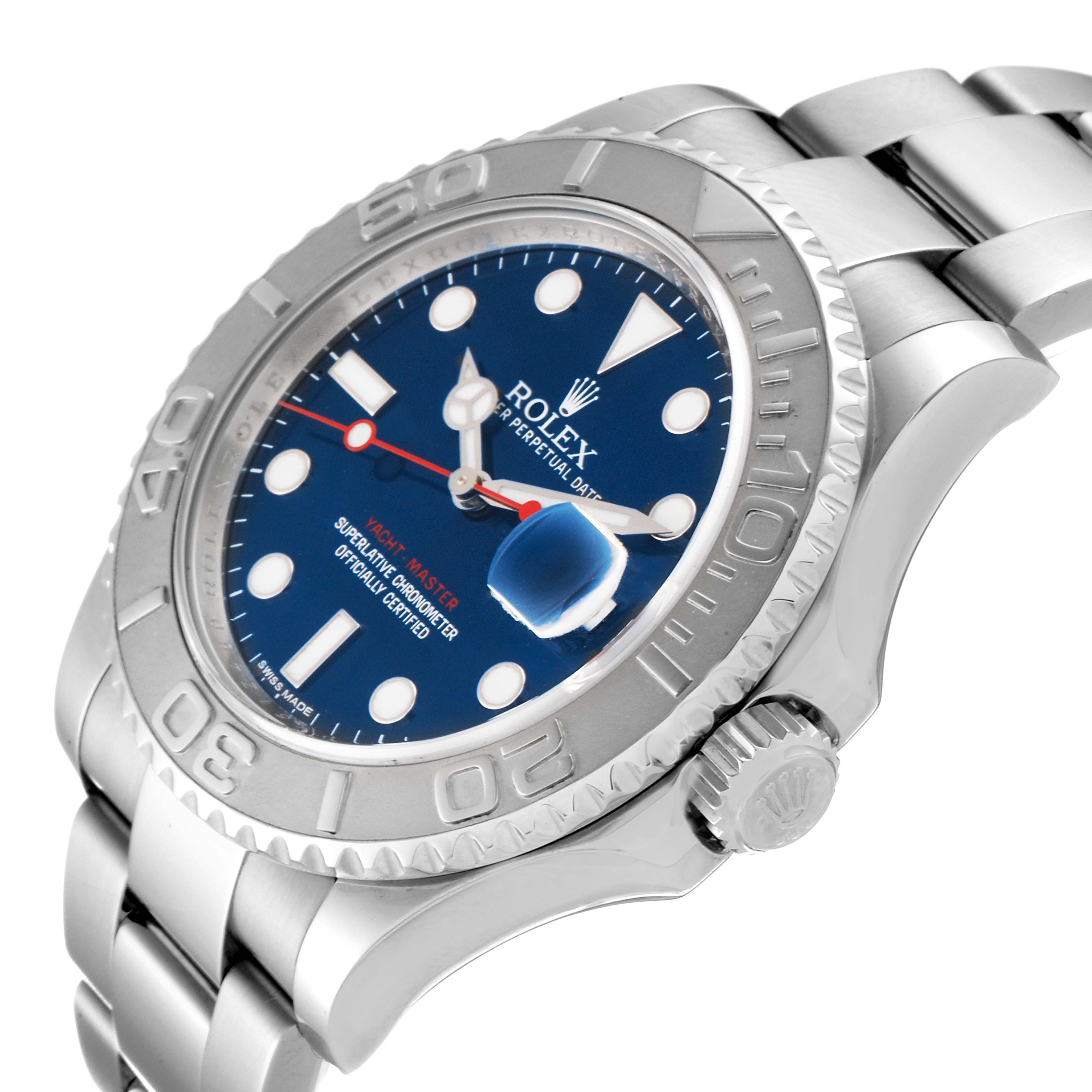 This image shows a side and top angle of the Rolex Yacht-Master 116622 Men
s Stainless Steel Blue Dial 116622 Men
s Stainless Steel Blue Dial watch, highlighting its bezel, dial, and crown.