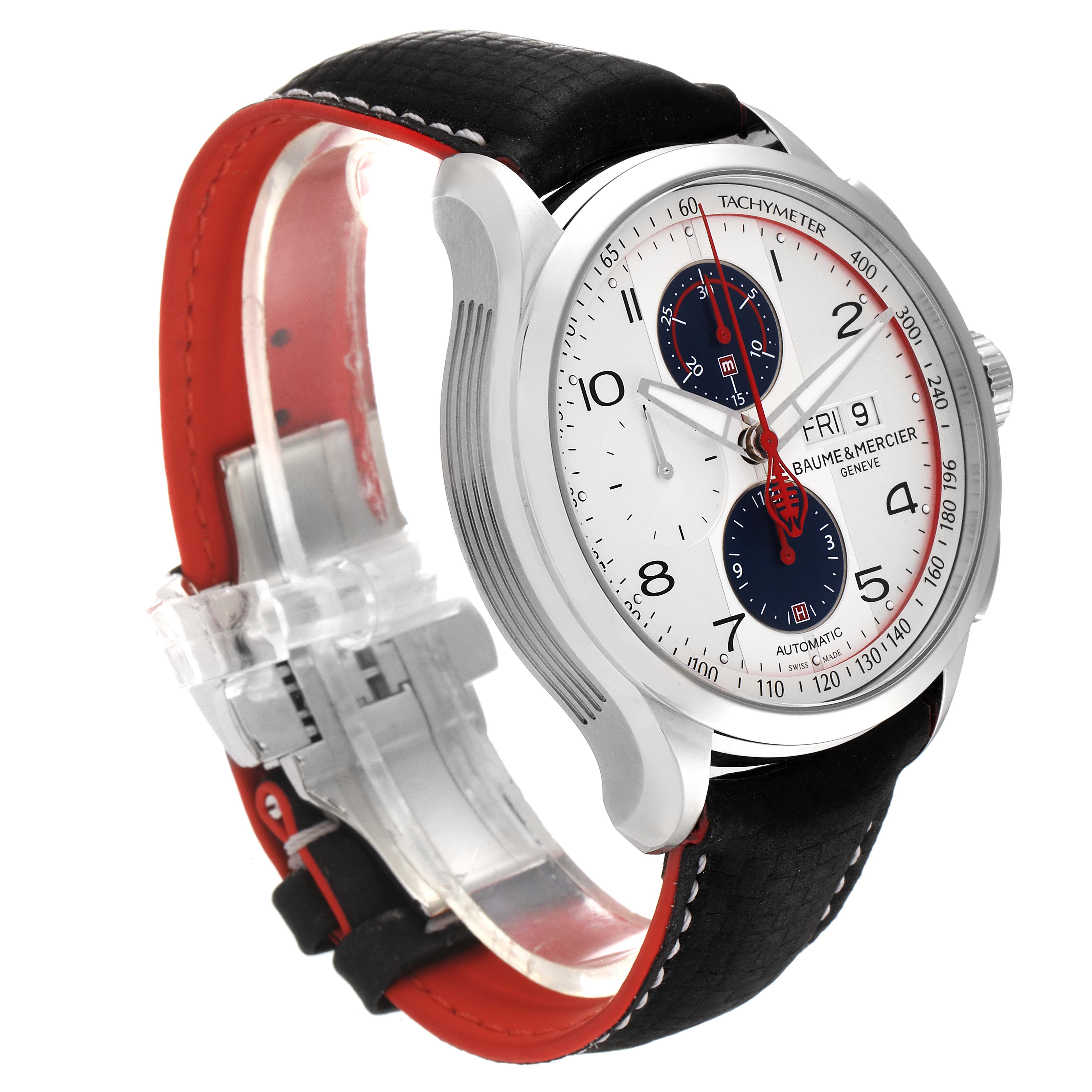 The Baume & Mercier Clifton M0A10342 Men's Stainless Steel Silver Dial M0A10342 Men's Stainless Steel Silver Dial model is shown at a three-quarter angle, highlighting the dial, case, and strap with a clear view of its tachymeter.