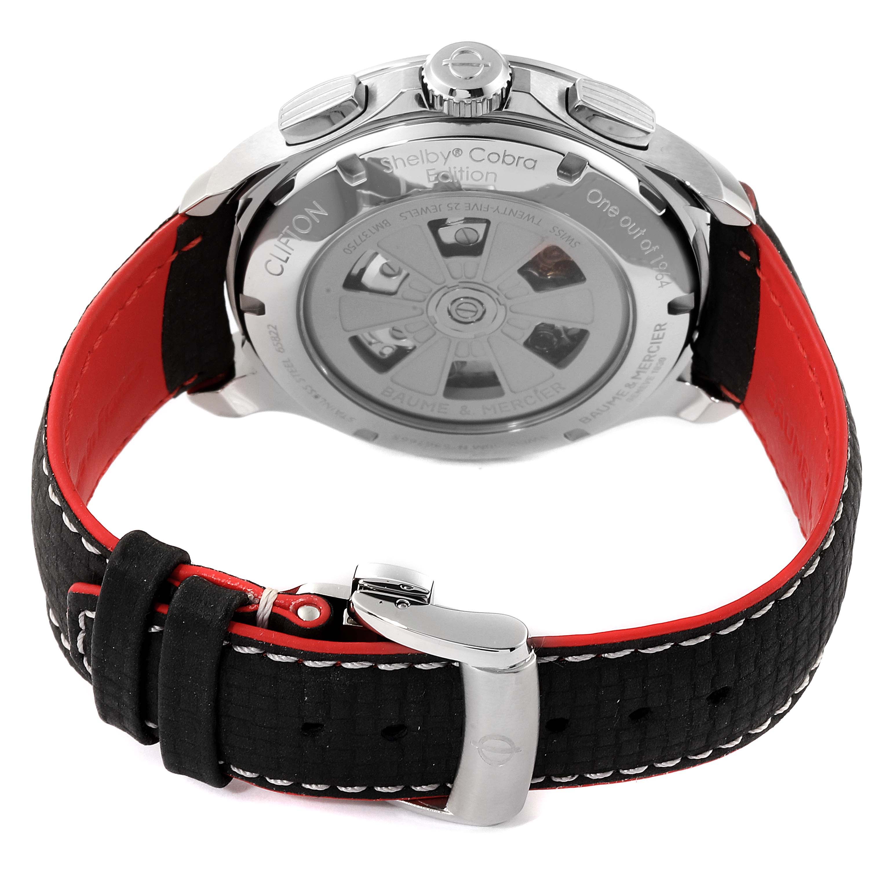 The image shows the back view of the Baume & Mercier Clifton M0A10342 Men's Stainless Steel Silver Dial M0A10342 Men's Stainless Steel Silver Dial model watch, highlighting its strap and clasp.