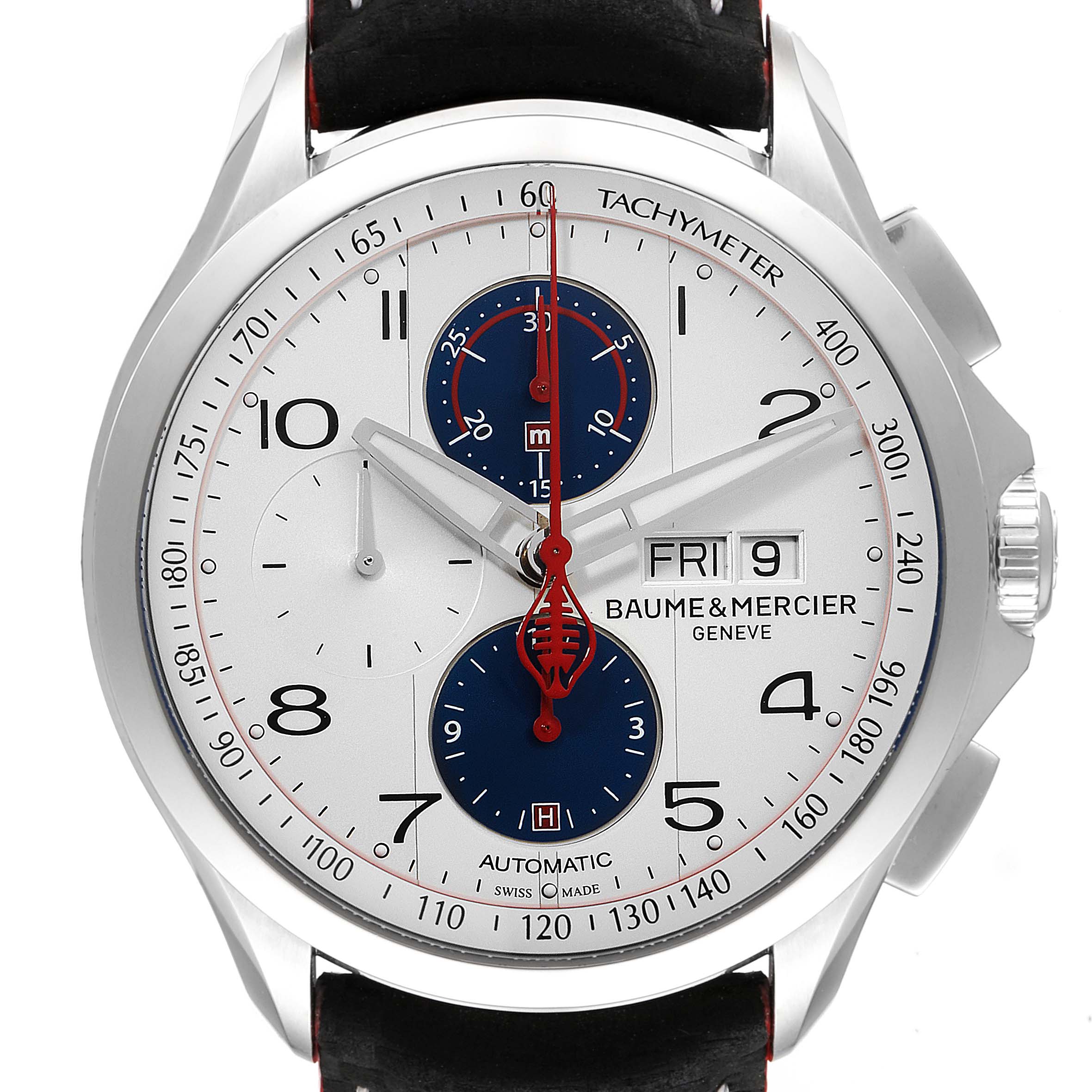 This image shows a front view of the Baume & Mercier Clifton M0A10342 Men's Stainless Steel Silver Dial M0A10342 Men's Stainless Steel Silver Dial watch, displaying its dial and features.