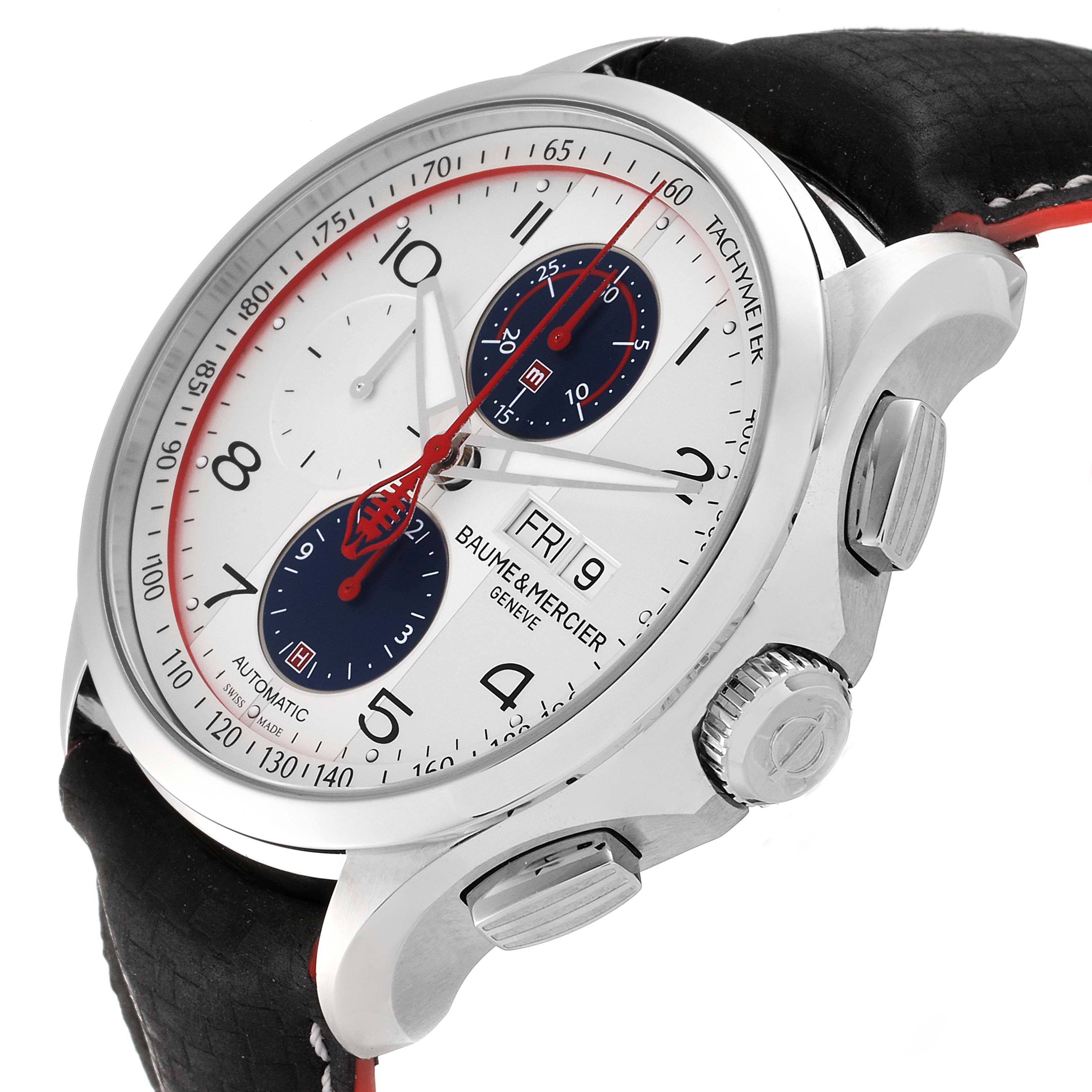 The image shows a close-up angled view of the Baume & Mercier Clifton M0A10342 Men's Stainless Steel Silver Dial M0A10342 Men's Stainless Steel Silver Dial watch, highlighting its face, crown, and pushers.