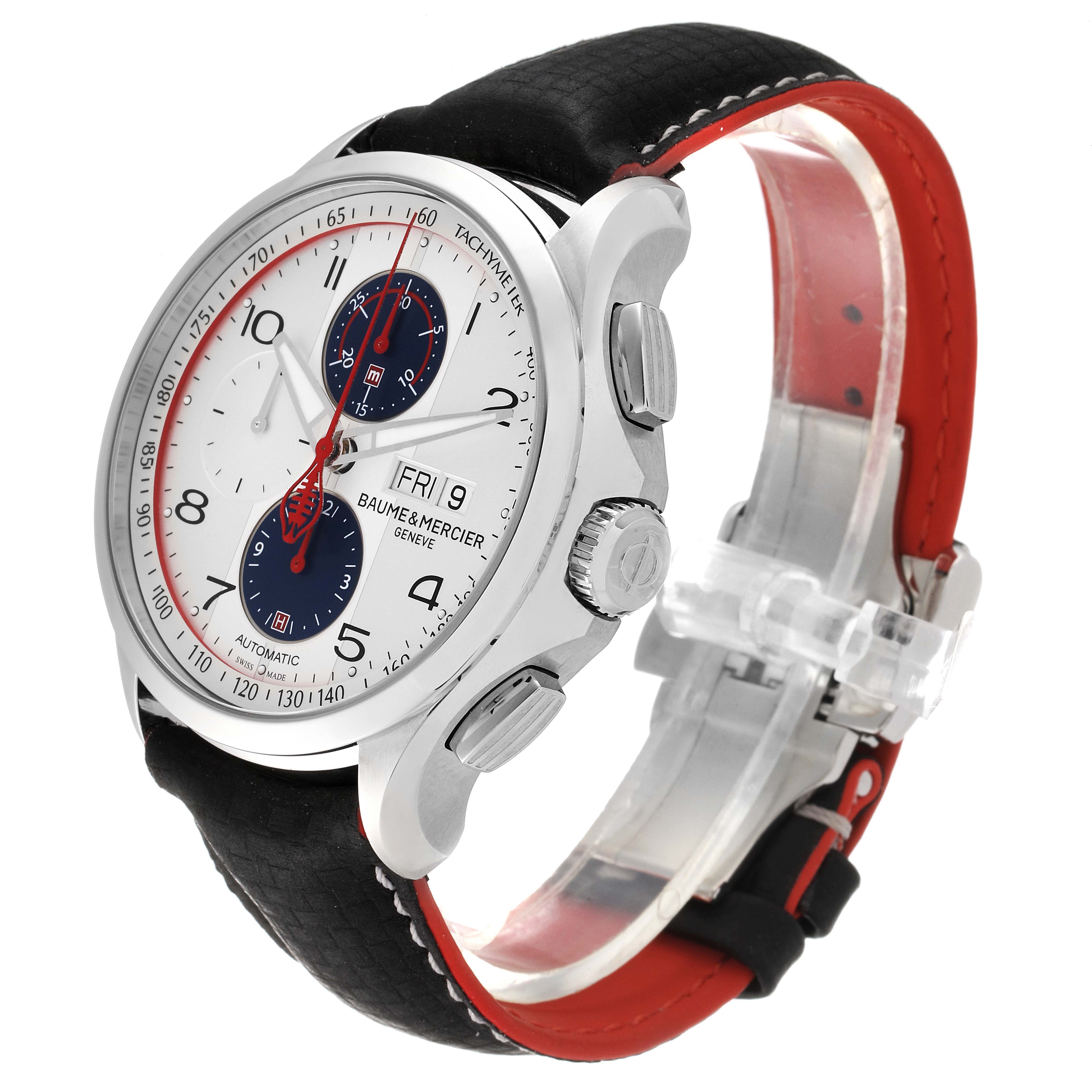 The image shows a Baume & Mercier Clifton M0A10342 Men's Stainless Steel Silver Dial M0A10342 Men's Stainless Steel Silver Dial watch from a three-quarter angle, highlighting the dial, crown, pushers, and leather strap.