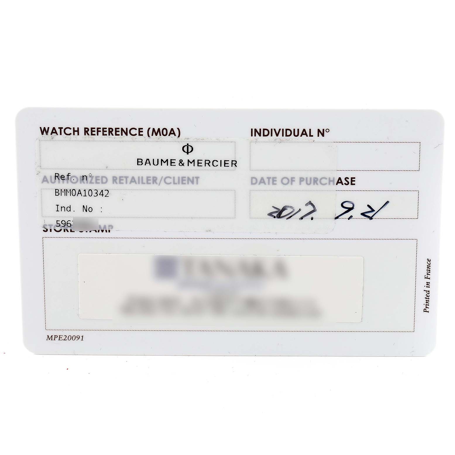 This is a Baume & Mercier Clifton M0A10342 Men's Stainless Steel Silver Dial M0A10342 Men's Stainless Steel Silver Dial watch warranty card, showing details such as the reference number and date of purchase.