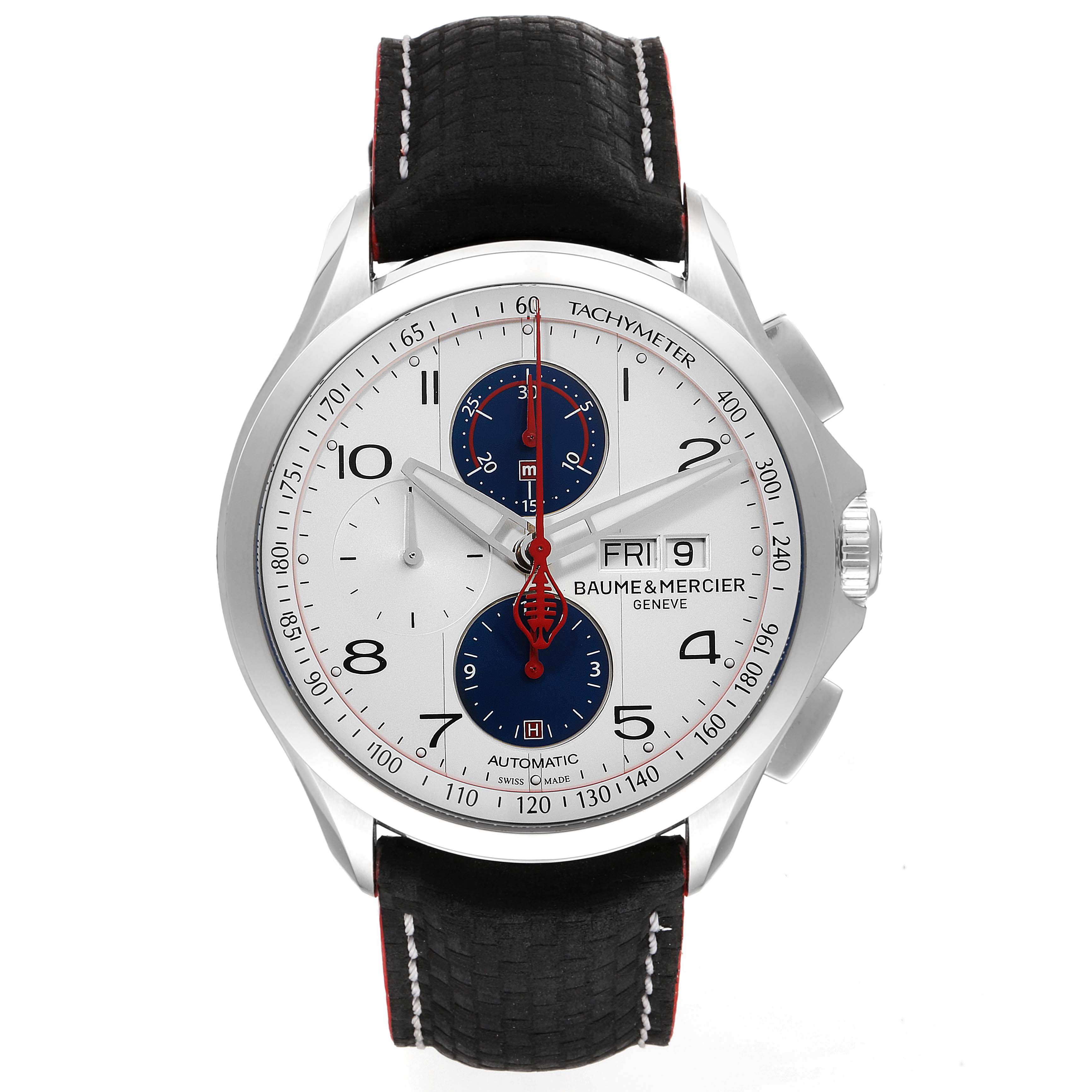 The image shows a front view of the Baume & Mercier Clifton M0A10342 Men's Stainless Steel Silver Dial M0A10342 Men's Stainless Steel Silver Dial watch, featuring its dial, bezel, and strap.