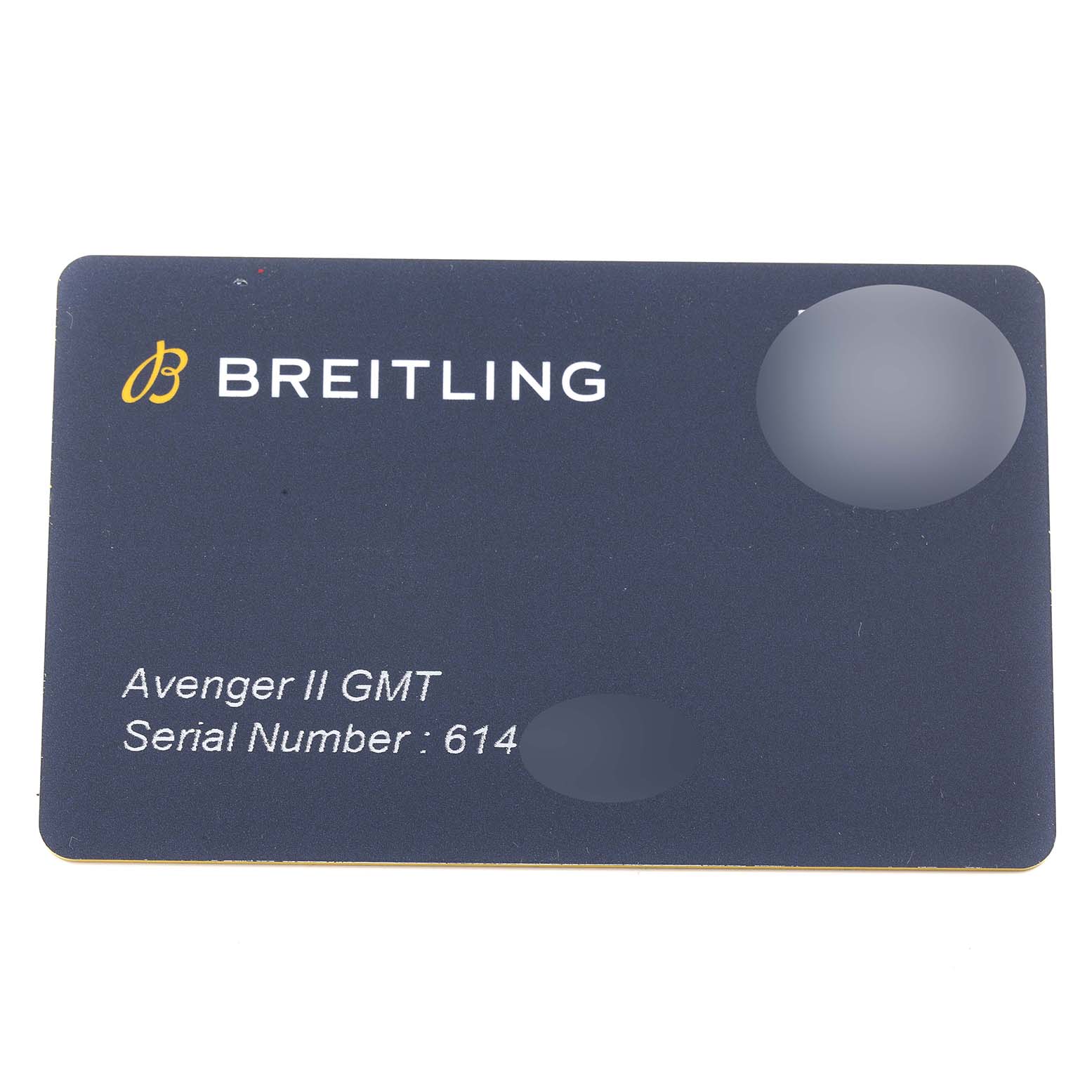 This image shows a Breitling Avenger A3239011-C872-170A Men's Stainless Steel Mother of Pearl Dial A3239011-C872-170A Men's Stainless Steel Mother of Pearl Dial II GMT watch warranty card featuring the brand logo, model name, and partially obscured serial number.