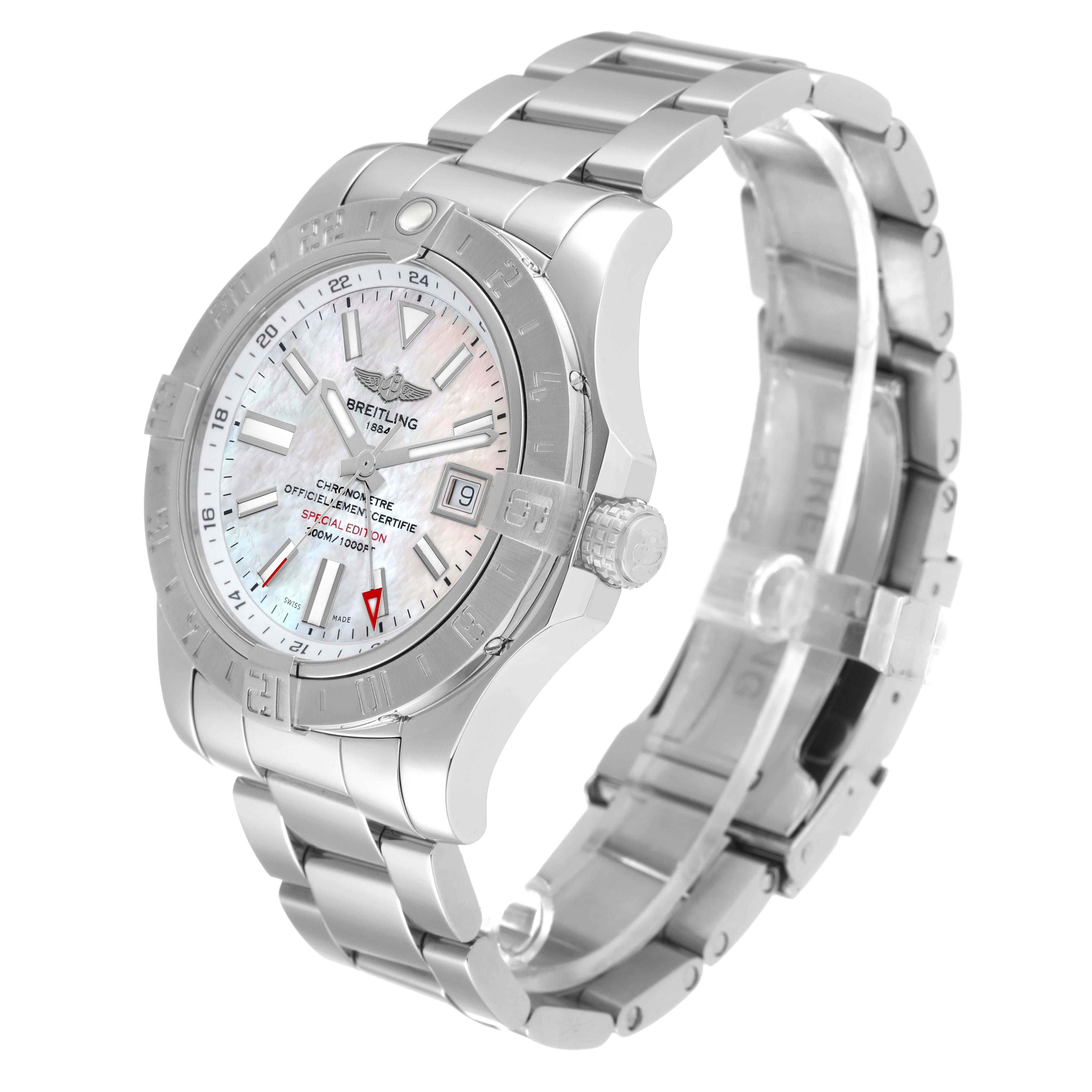 The image shows a Breitling Avenger A3239011-C872-170A Men's Stainless Steel Mother of Pearl Dial A3239011-C872-170A Men's Stainless Steel Mother of Pearl Dial watch from an angled side view, displaying its bracelet, case, dial, and bezel.